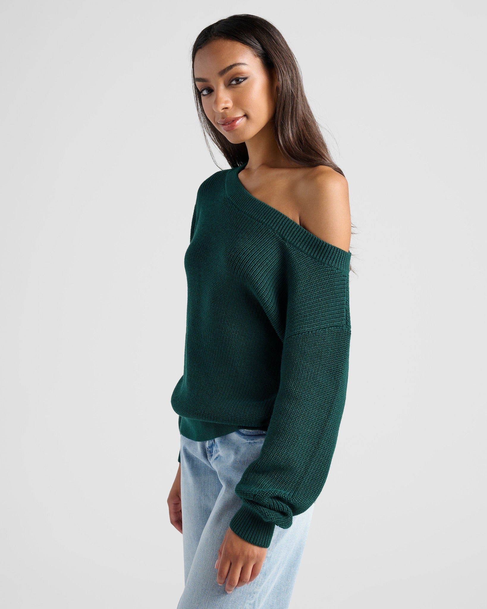 Hunter Green $|& SEAS Coastal One Shoulder Sweater - SOF Front