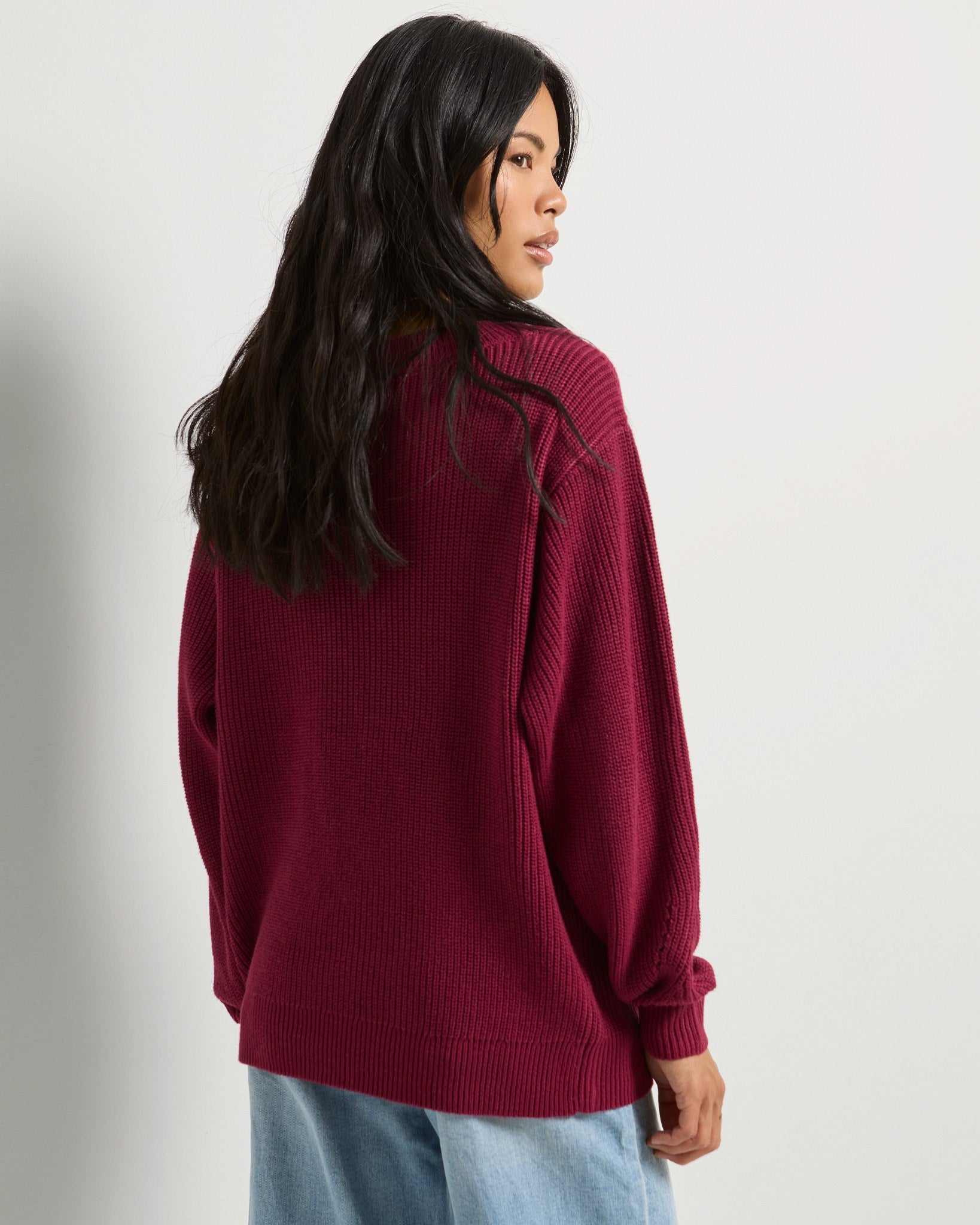 Cabernet Red $|& SEAS Coastal One Shoulder Sweater - SOF Back
