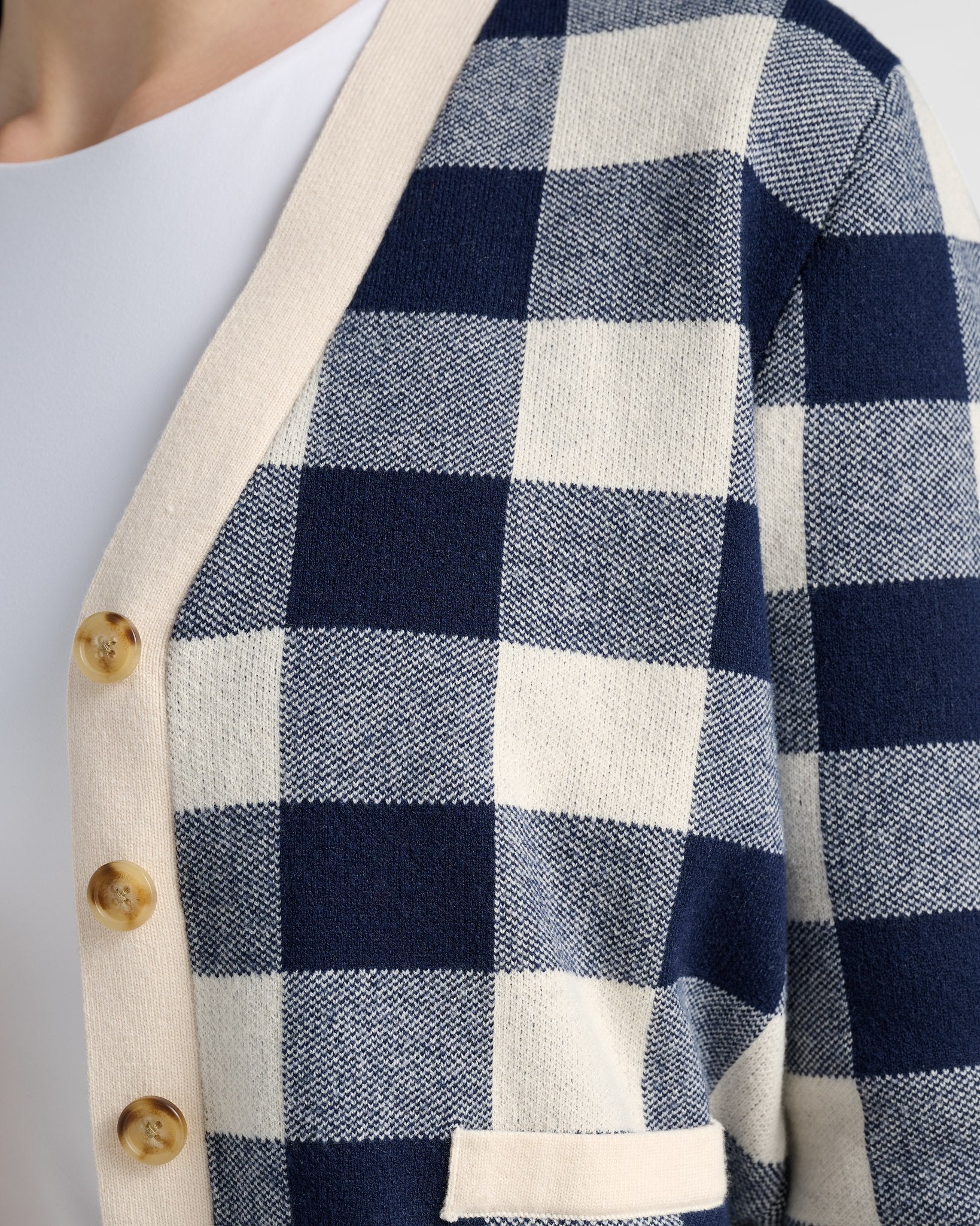 Cream/Navy $|& SEAS Alumni Double Plaid Cardigan - SOF Detail