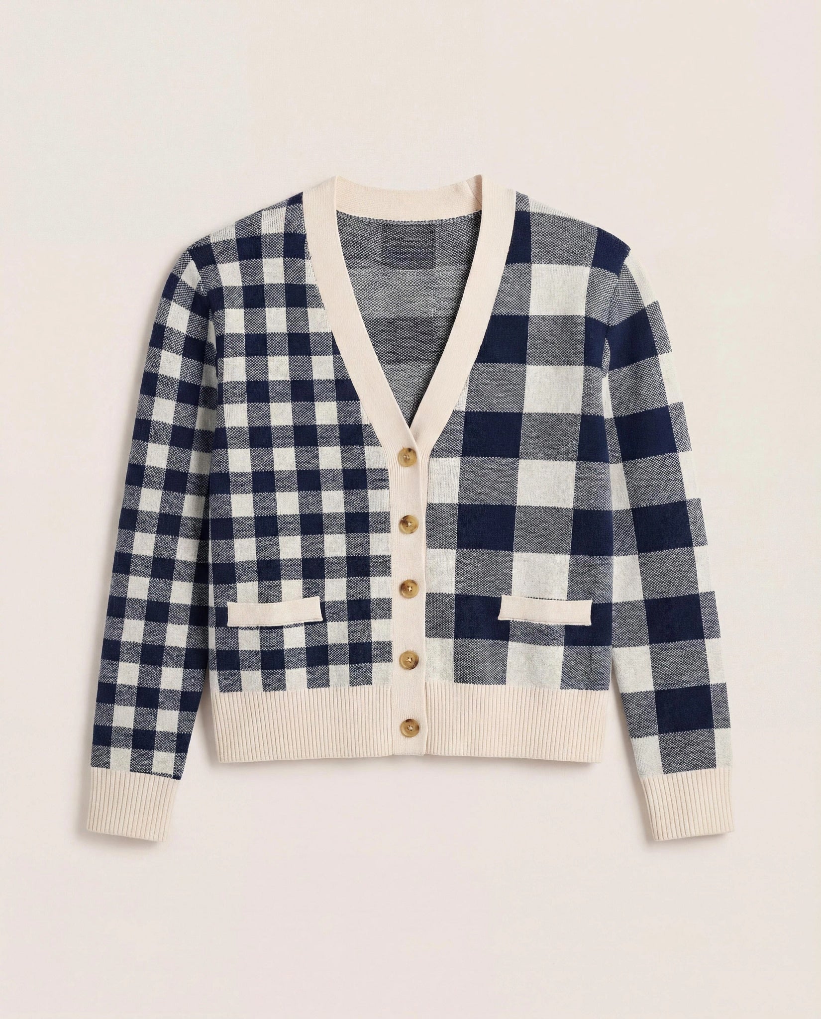 Cream/Navy $|& SEAS Alumni Double Plaid Cardigan - Hanger Detail