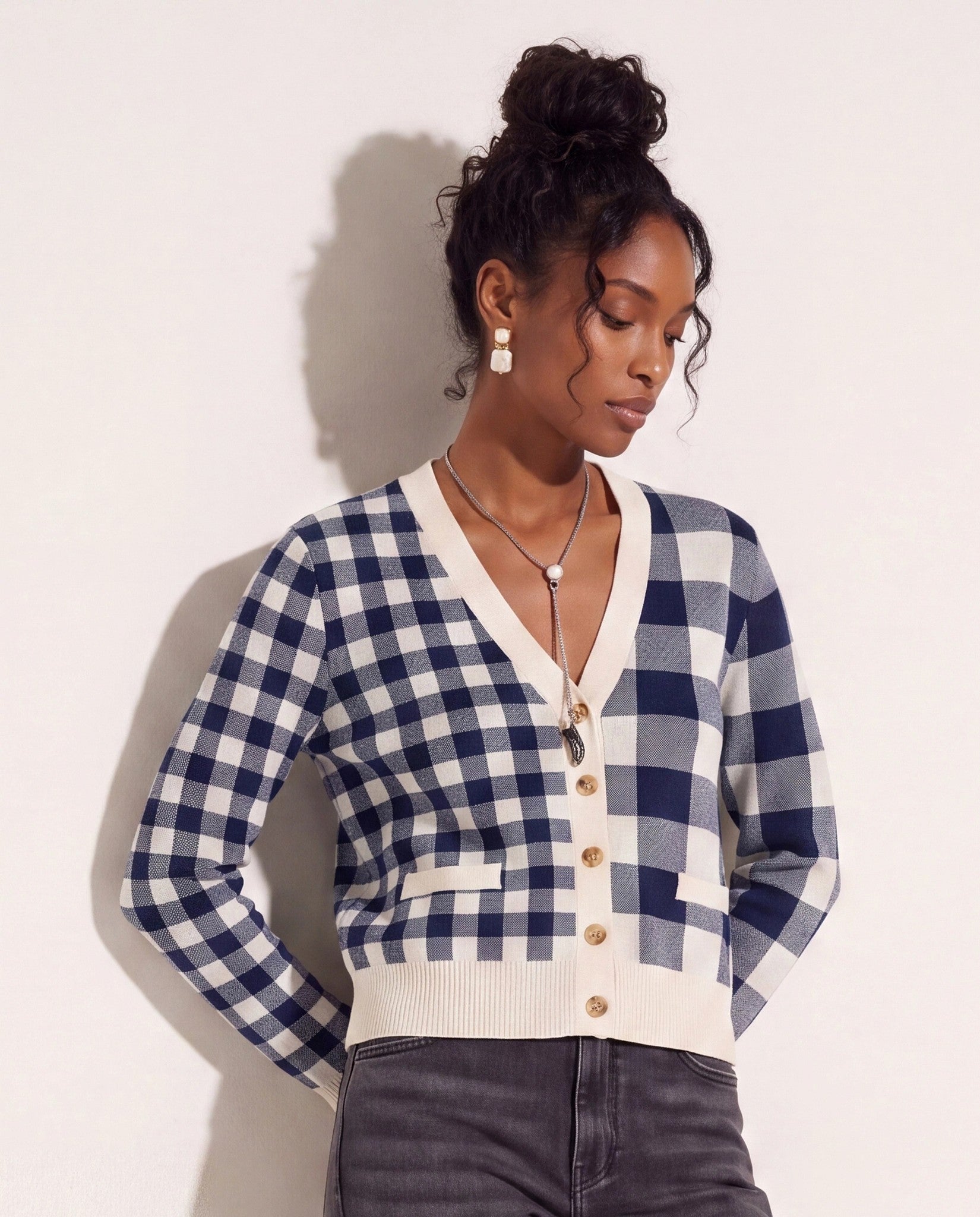 Cream/Navy $|& SEAS Alumni Double Plaid Cardigan - VOF Front