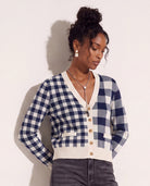 Cream/Navy $|& SEAS Alumni Double Plaid Cardigan - VOF Front