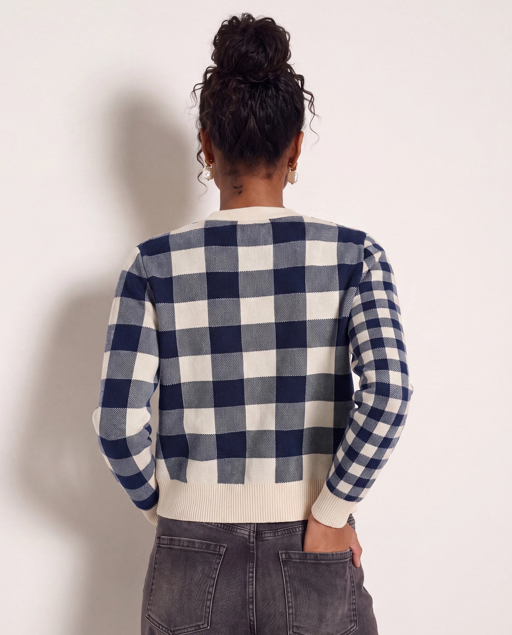 Cream/Navy $|& SEAS Alumni Double Plaid Cardigan - SOF Back