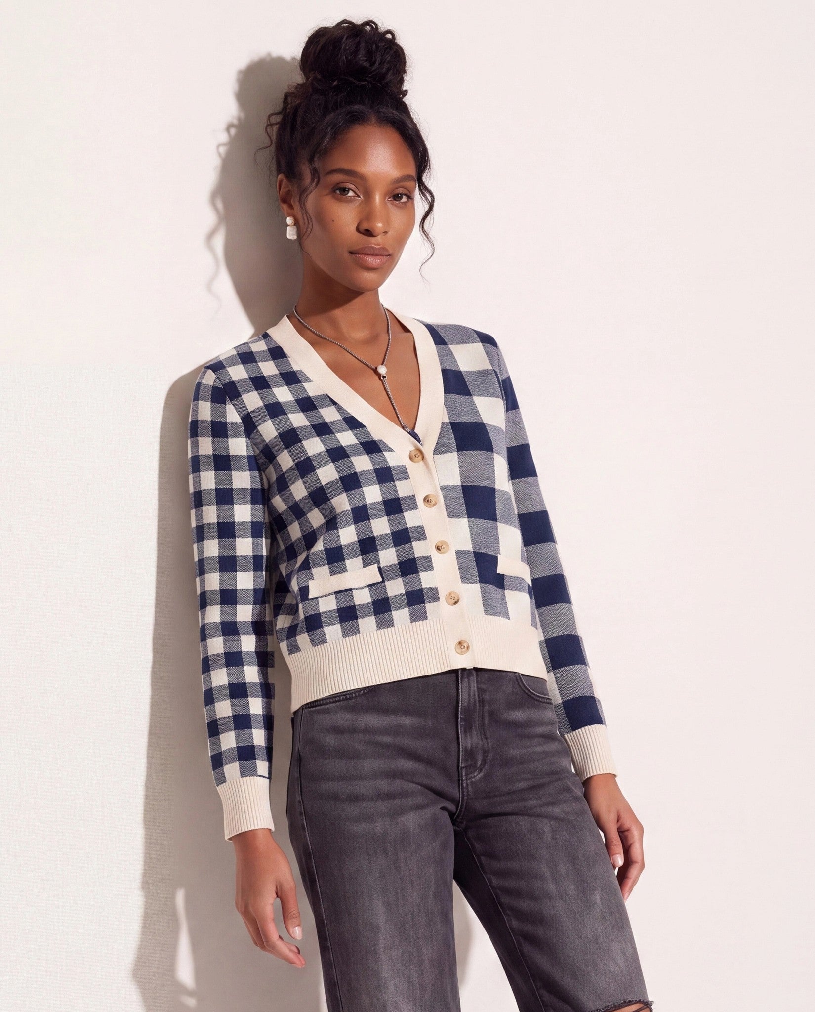 Cream/Navy $|& SEAS Alumni Double Plaid Cardigan - SOF Front