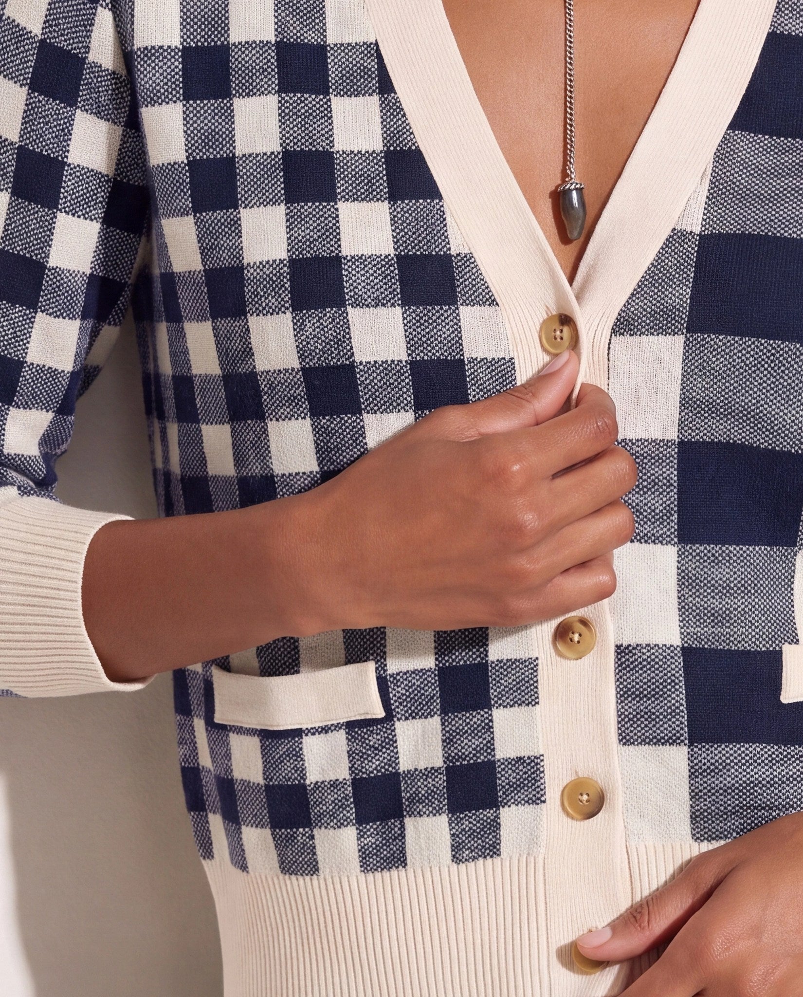 Cream/Navy $|& SEAS Alumni Double Plaid Cardigan - SOF Full Front
