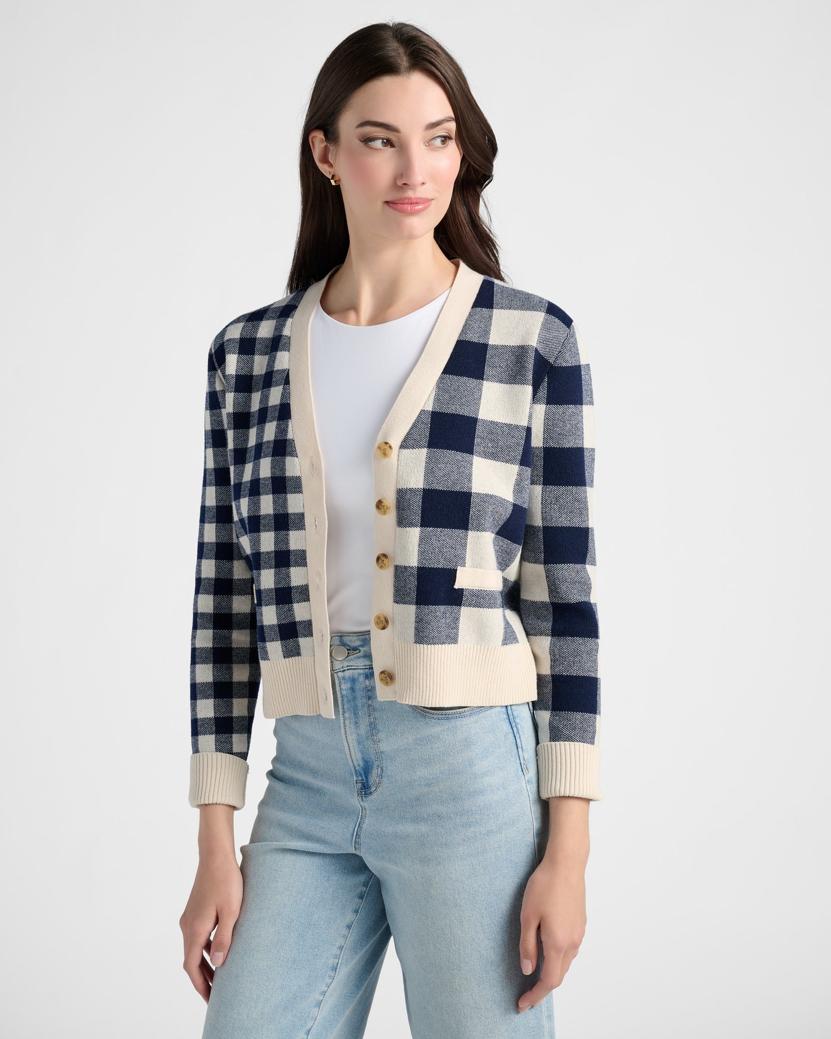 Cream/Navy $|& SEAS Alumni Double Plaid Cardigan - SOF Front