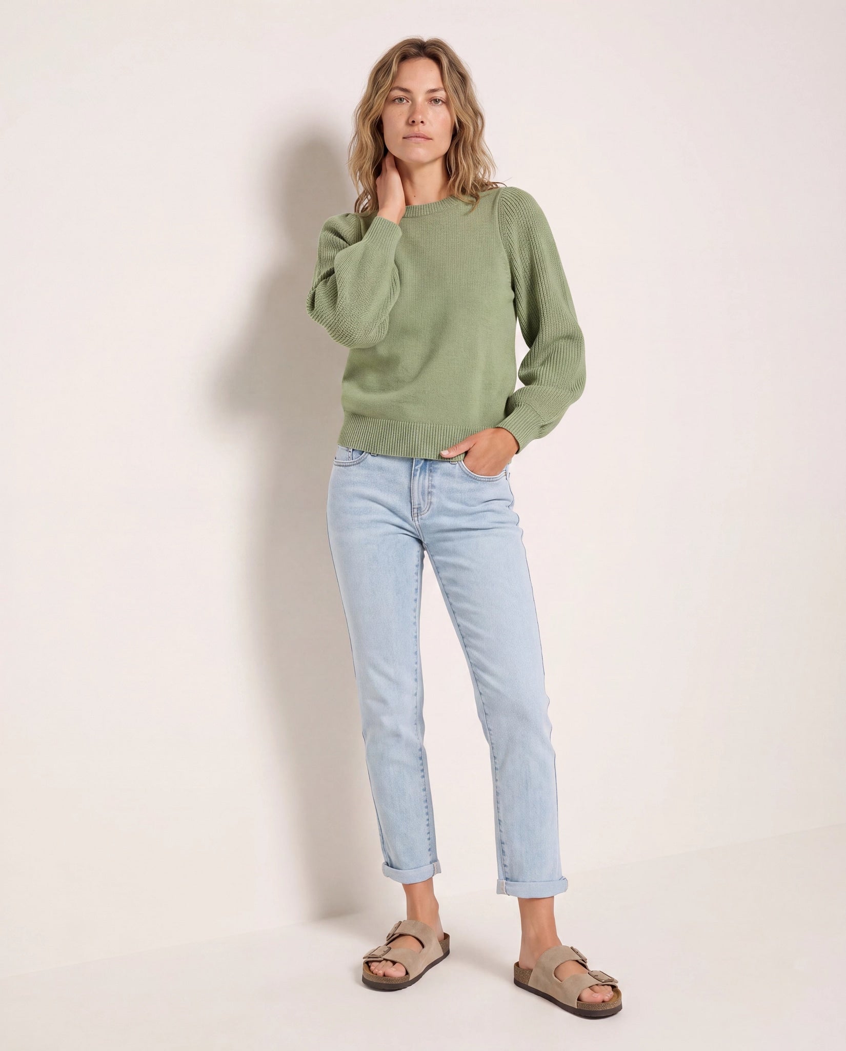 Frosty Spruce $|& SEAS Pacific Puff Shoulder Crew Neck Sweater - SOF Side