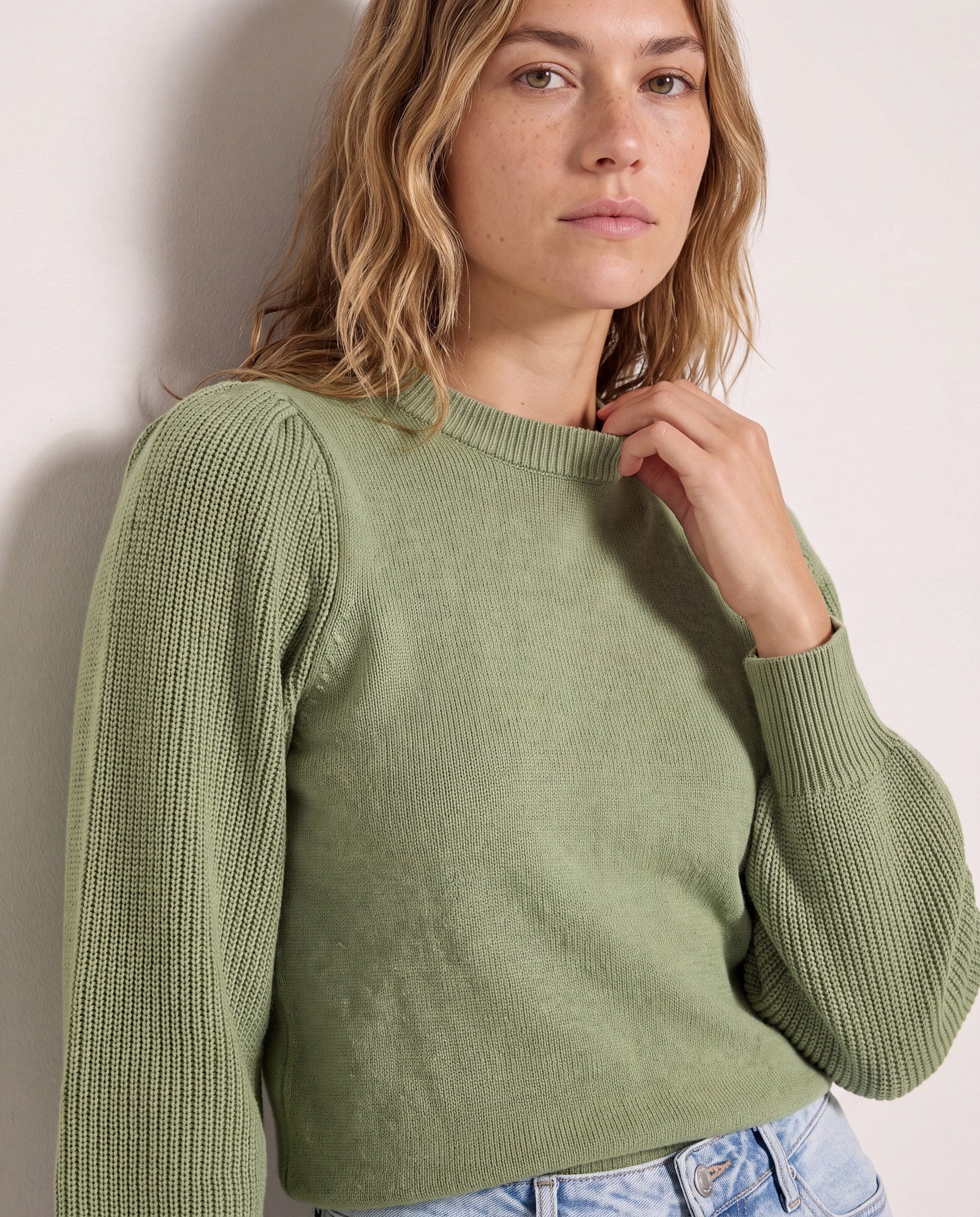 Frosty Spruce $|& SEAS Pacific Puff Shoulder Crew Neck Sweater - SOF Front