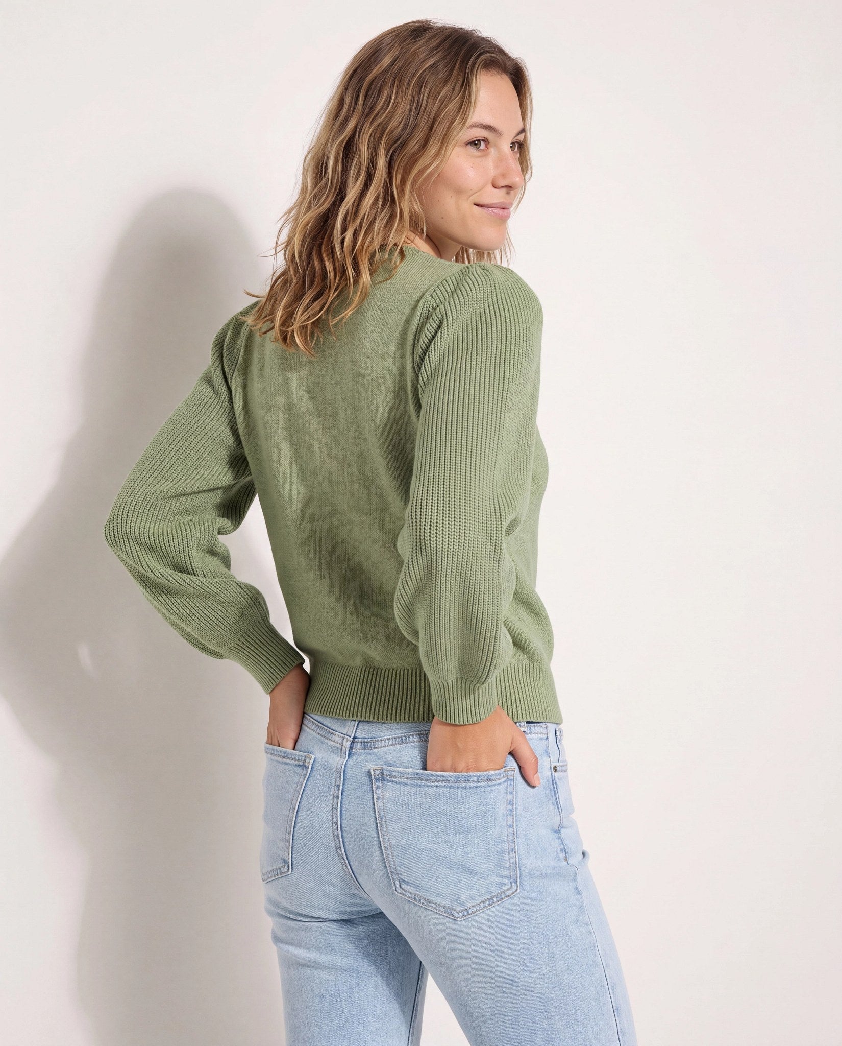 Frosty Spruce $|& SEAS Pacific Puff Shoulder Crew Neck Sweater
