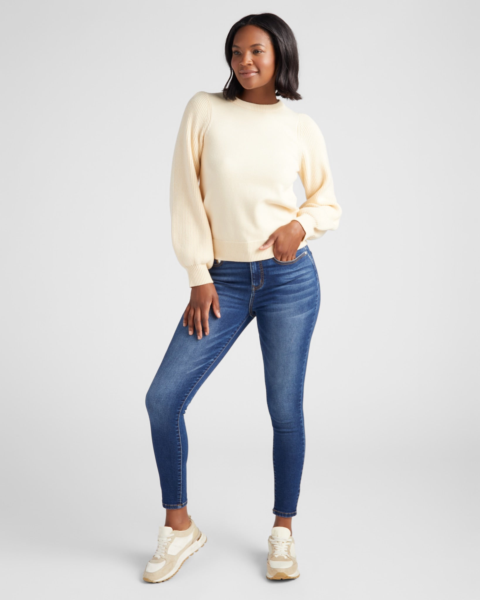 Cream $|& SEAS Pacific Puff Shoulder Crew Neck Sweater - UGC On Fig