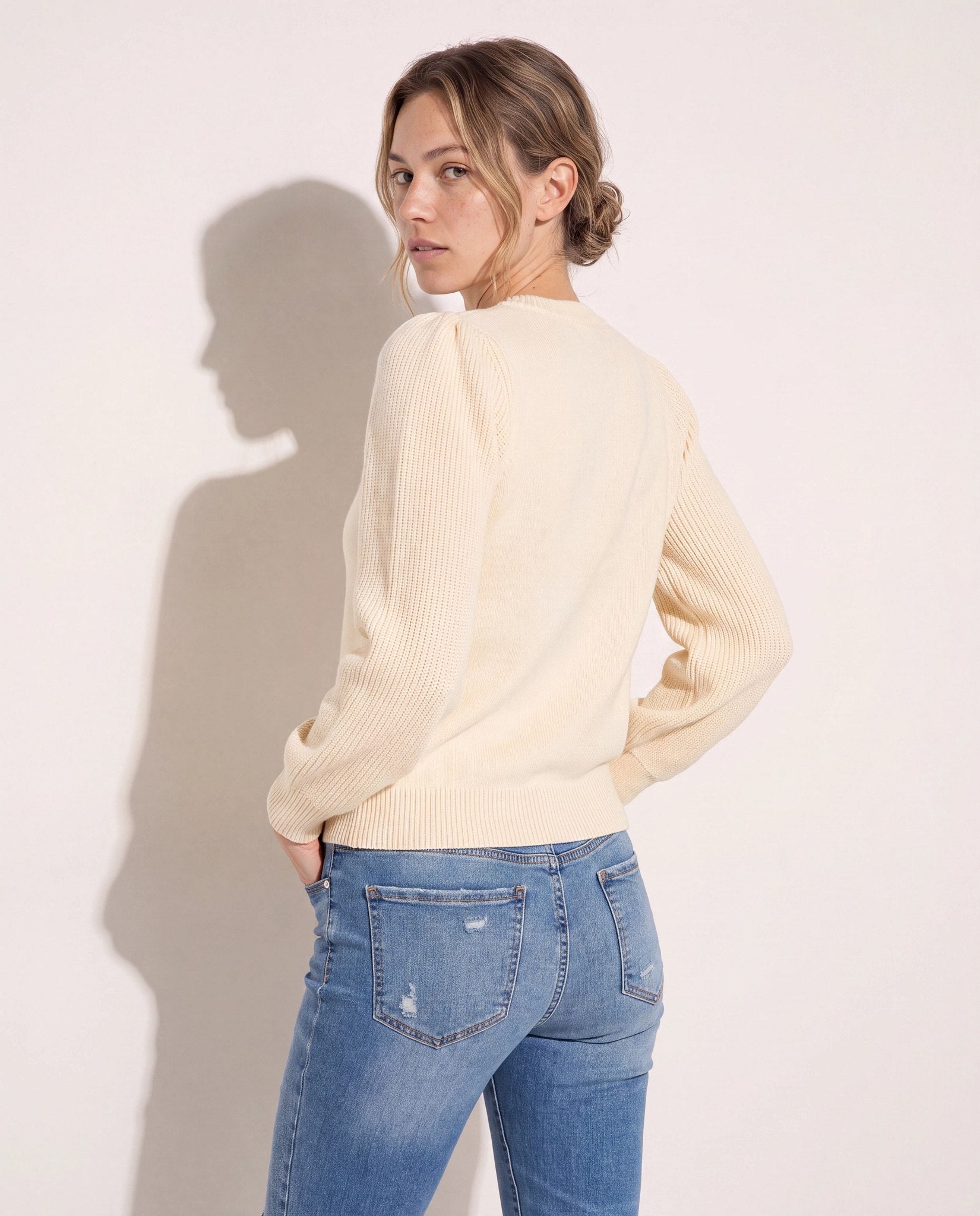 Cream $|& SEAS Pacific Puff Shoulder Crew Neck Sweater