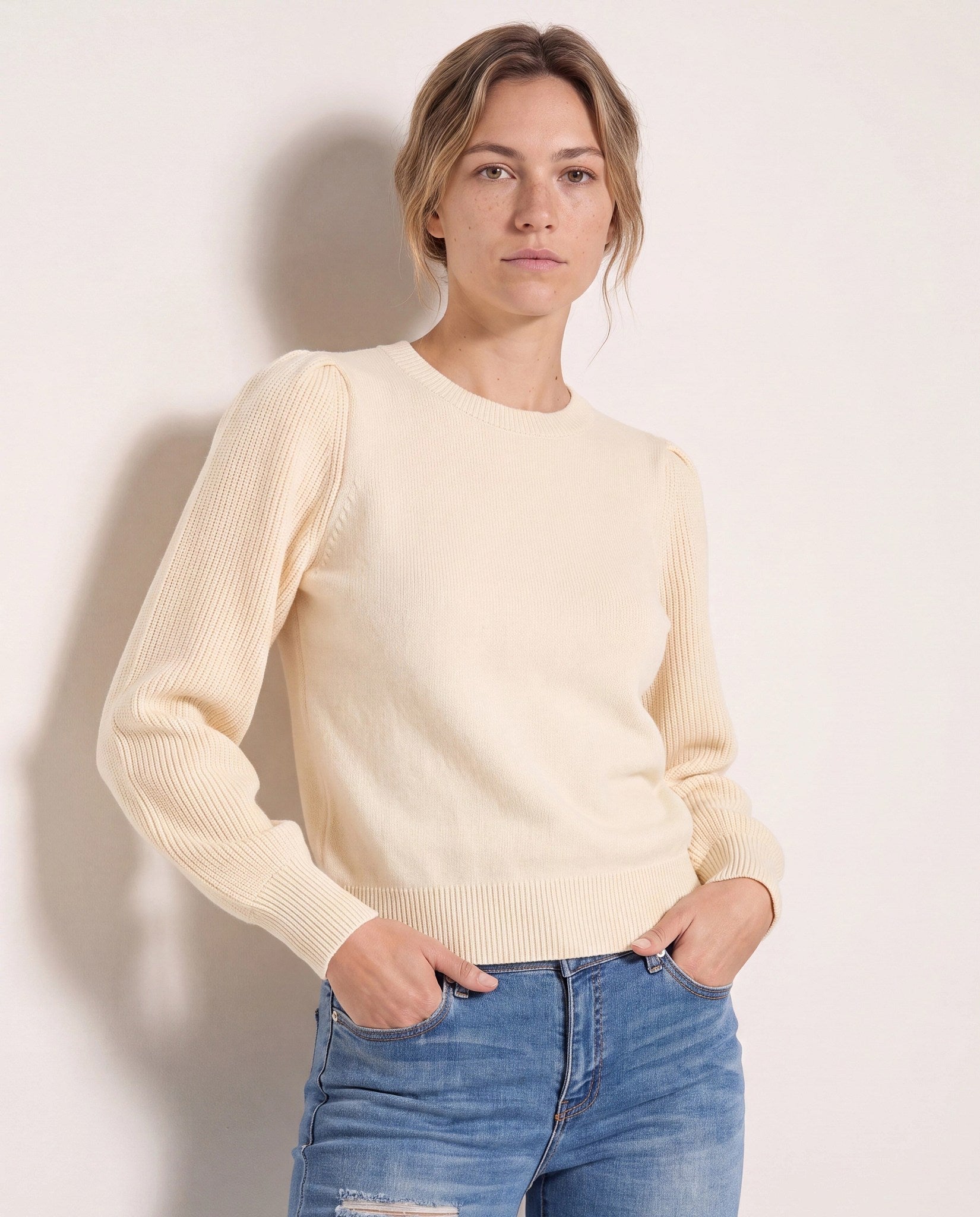 Cream $|& SEAS Pacific Puff Shoulder Crew Neck Sweater