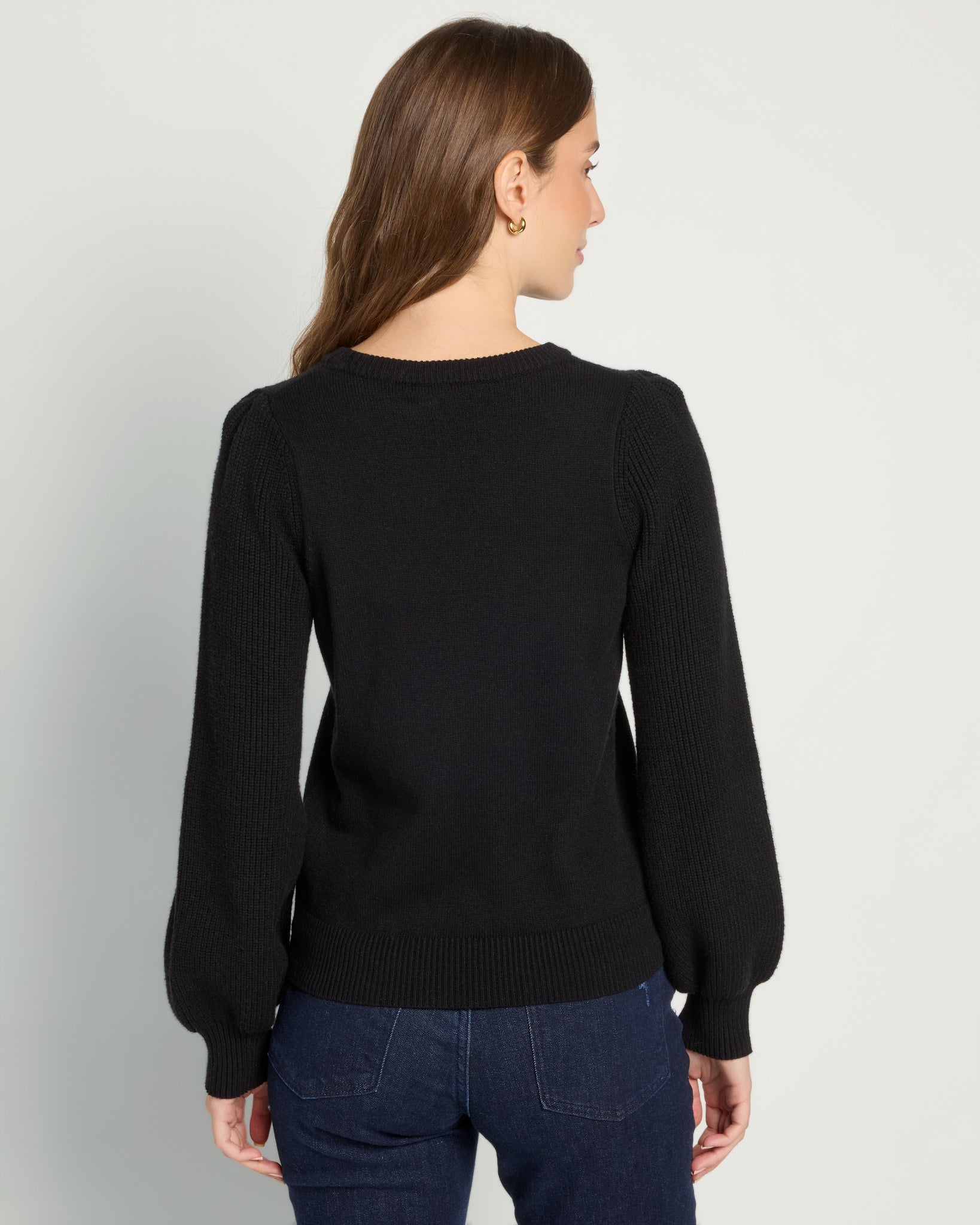 Black $|& SEAS Pacific Puff Shoulder Crew Neck Sweater - SOF Back