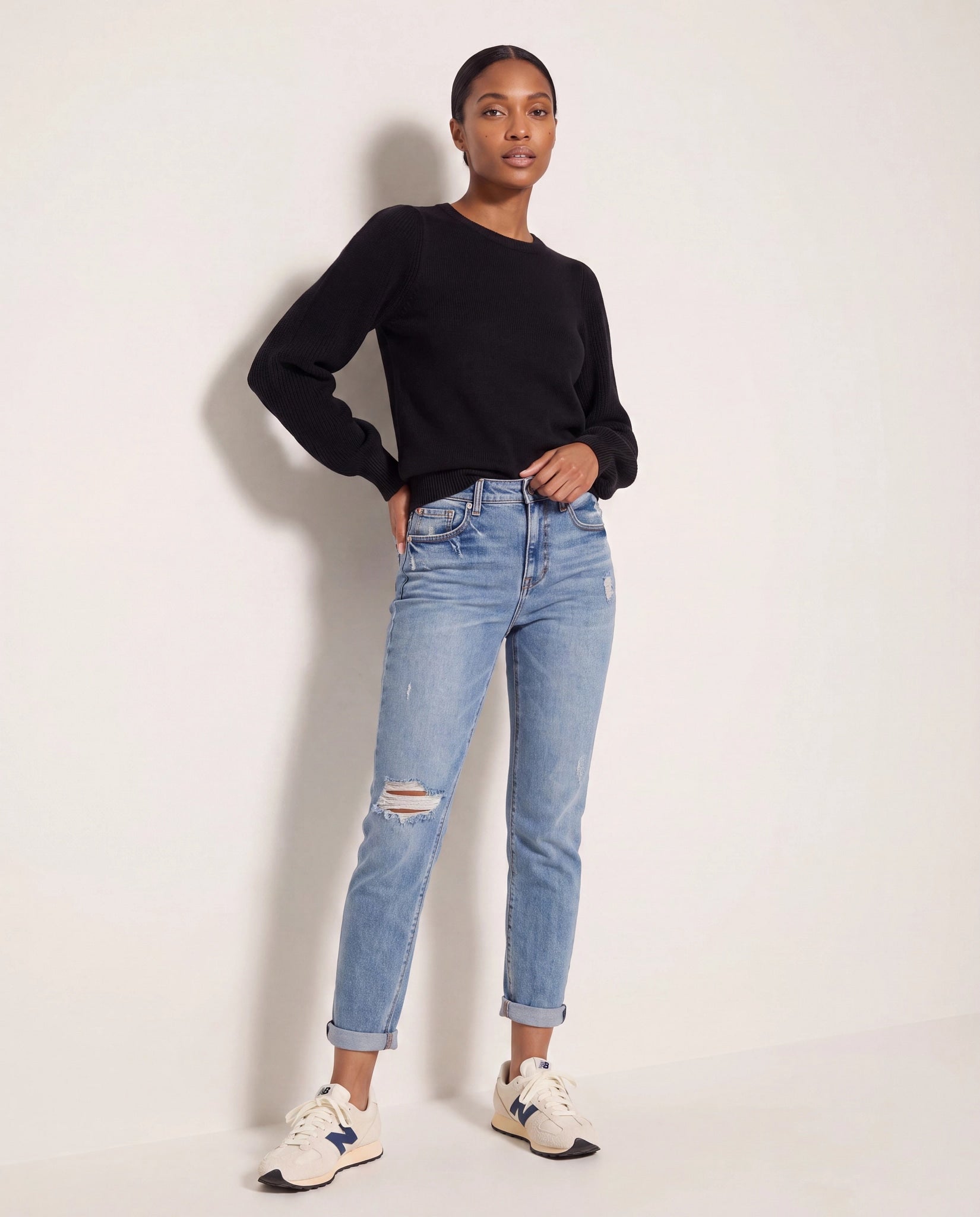 Black $|& SEAS Pacific Puff Shoulder Crew Neck Sweater - SOF Back