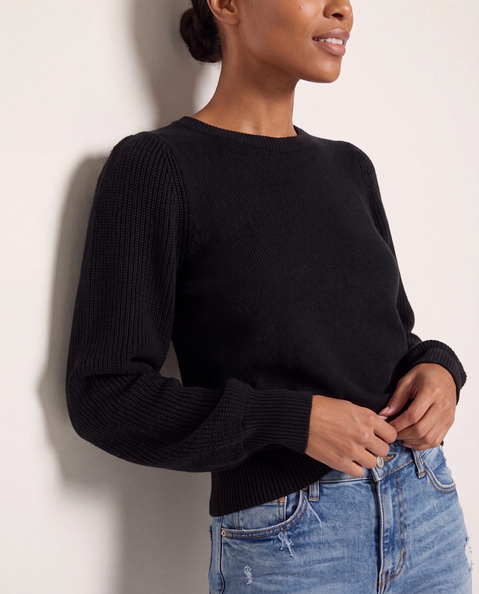 Black $|& SEAS Pacific Puff Shoulder Crew Neck Sweater - SOF Back