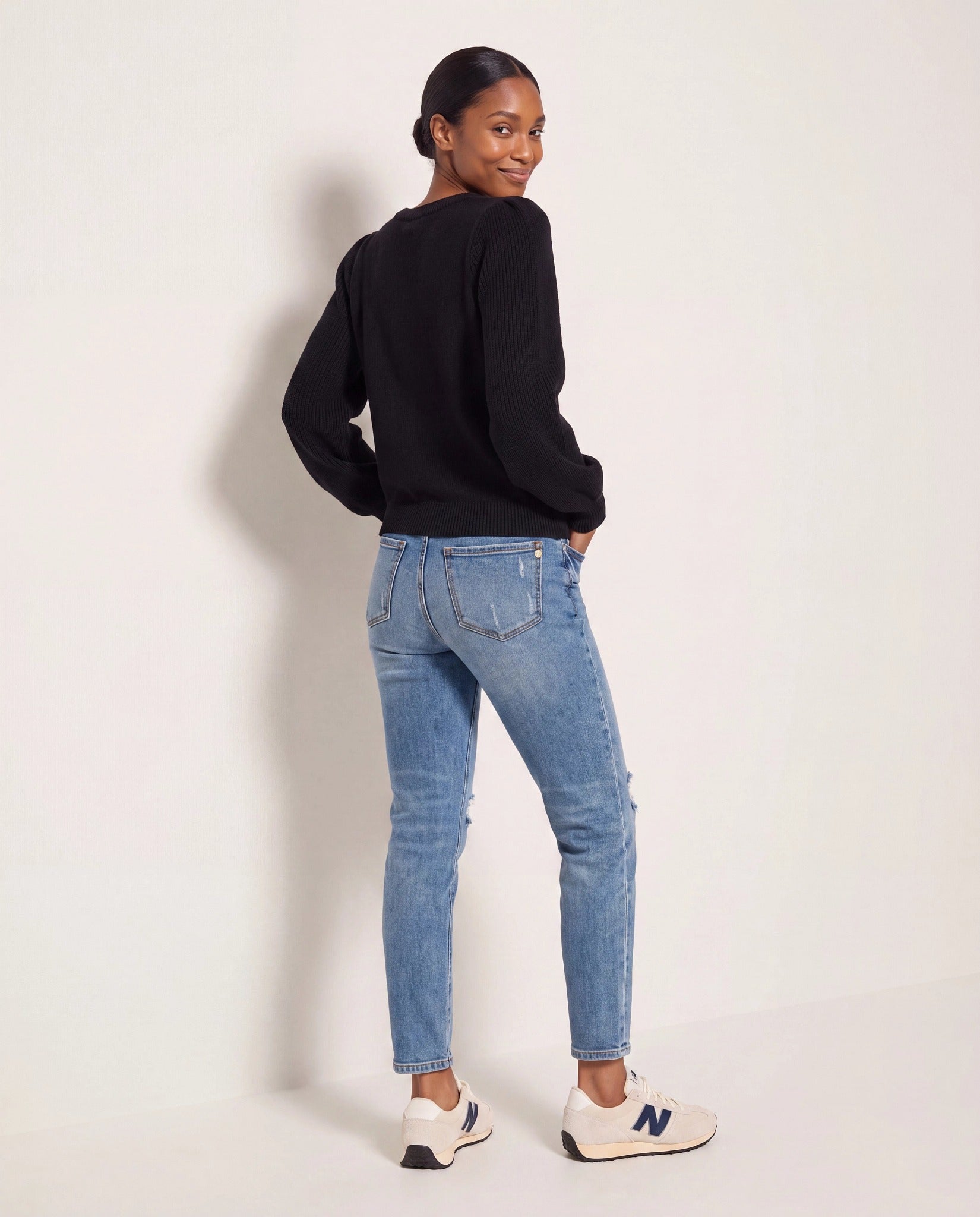Black $|& SEAS Pacific Puff Shoulder Crew Neck Sweater - SOF Side