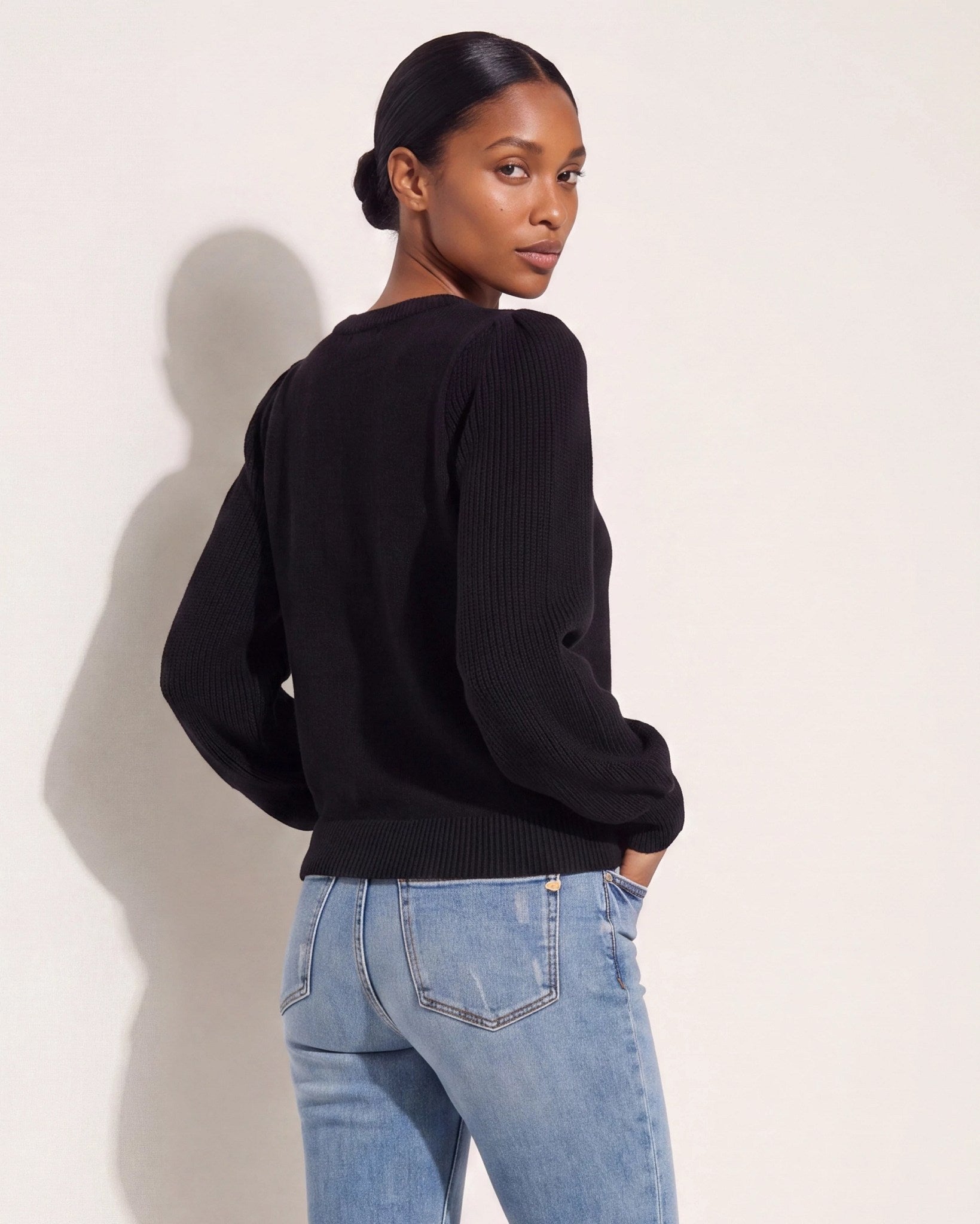 Black $|& SEAS Pacific Puff Shoulder Crew Neck Sweater - SOF Side