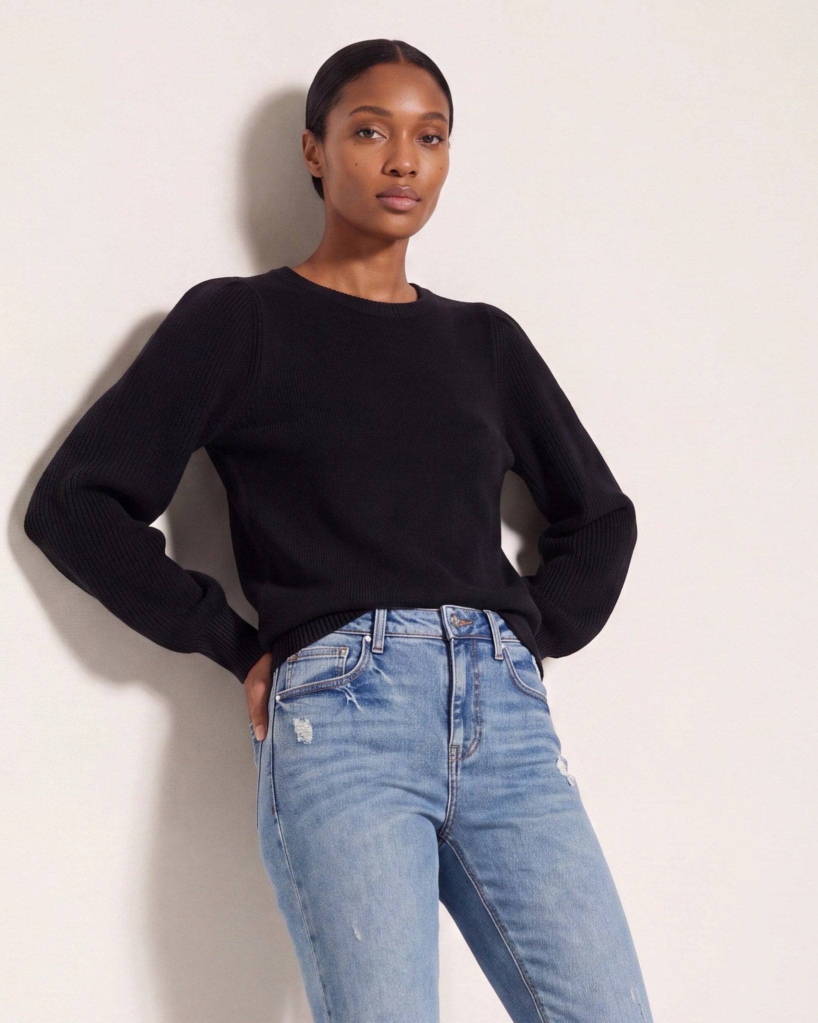 Black $|& SEAS Pacific Puff Shoulder Crew Neck Sweater - SOF Front