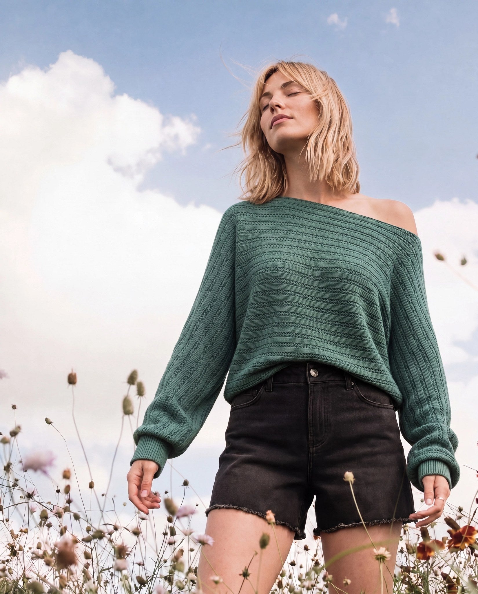 Frosty Spruce $|& SEAS Open Weave Dolman Sweater