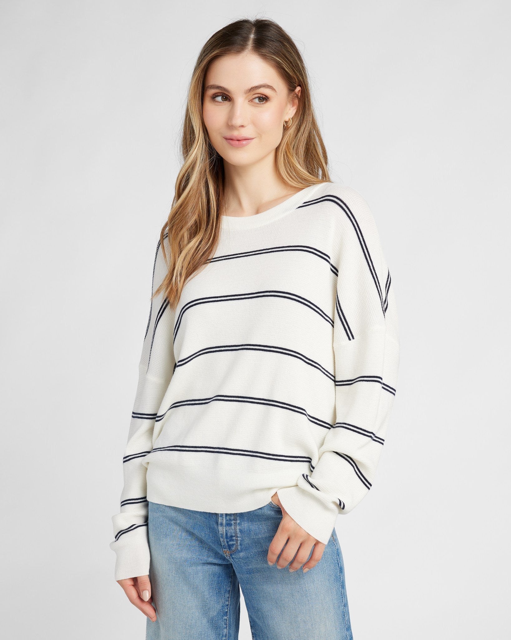 Ivory/Navy $|& SEAS Crew Neck Stripe Long Sleeve - SOF Front