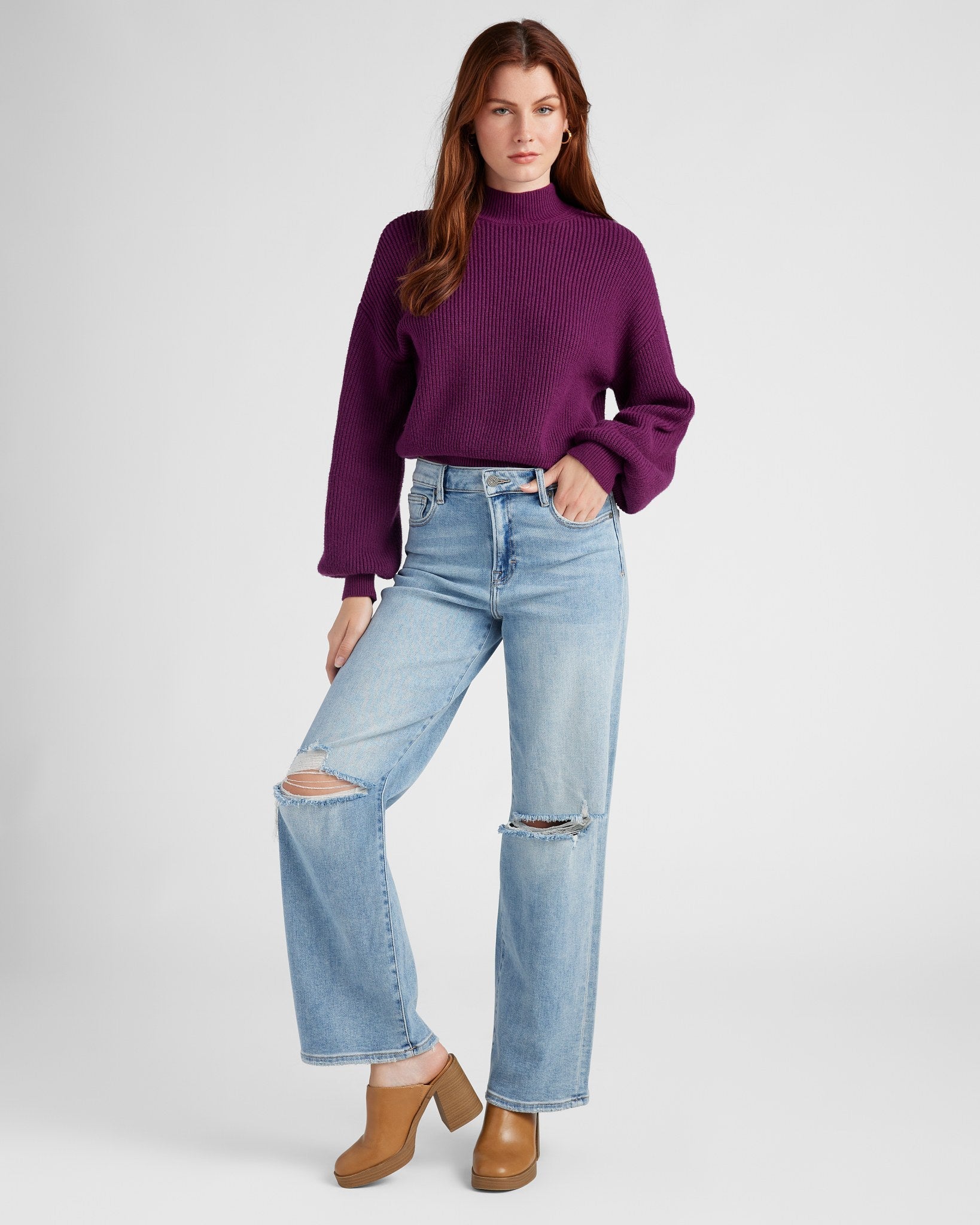 Heather Eggplant $|& SEAS Pacific Mock Neck Marled Sweater - SOF Full Front