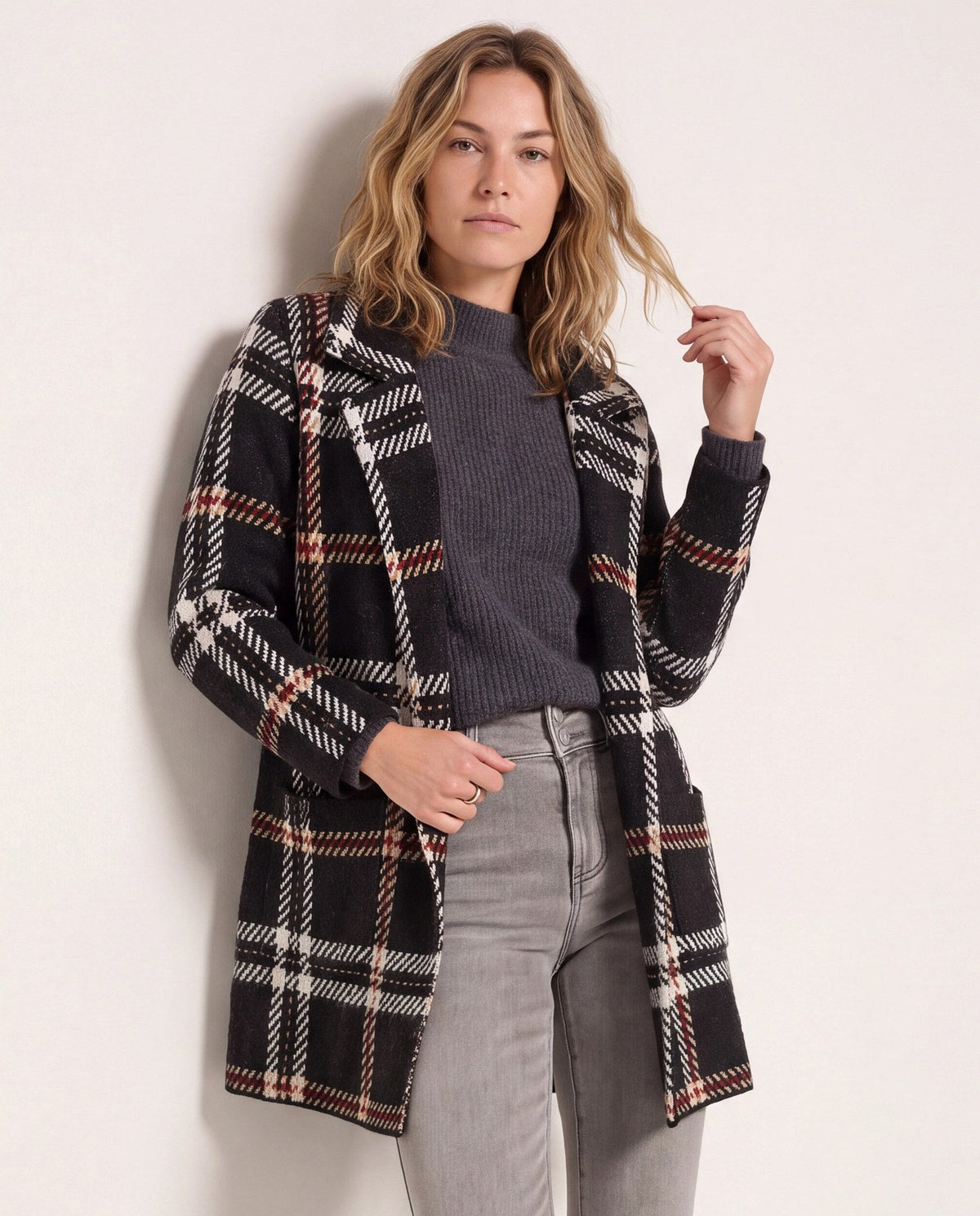 Black/Red/Ivory $|& OneWorld Plaid Sweater Coatigan - SOF Front