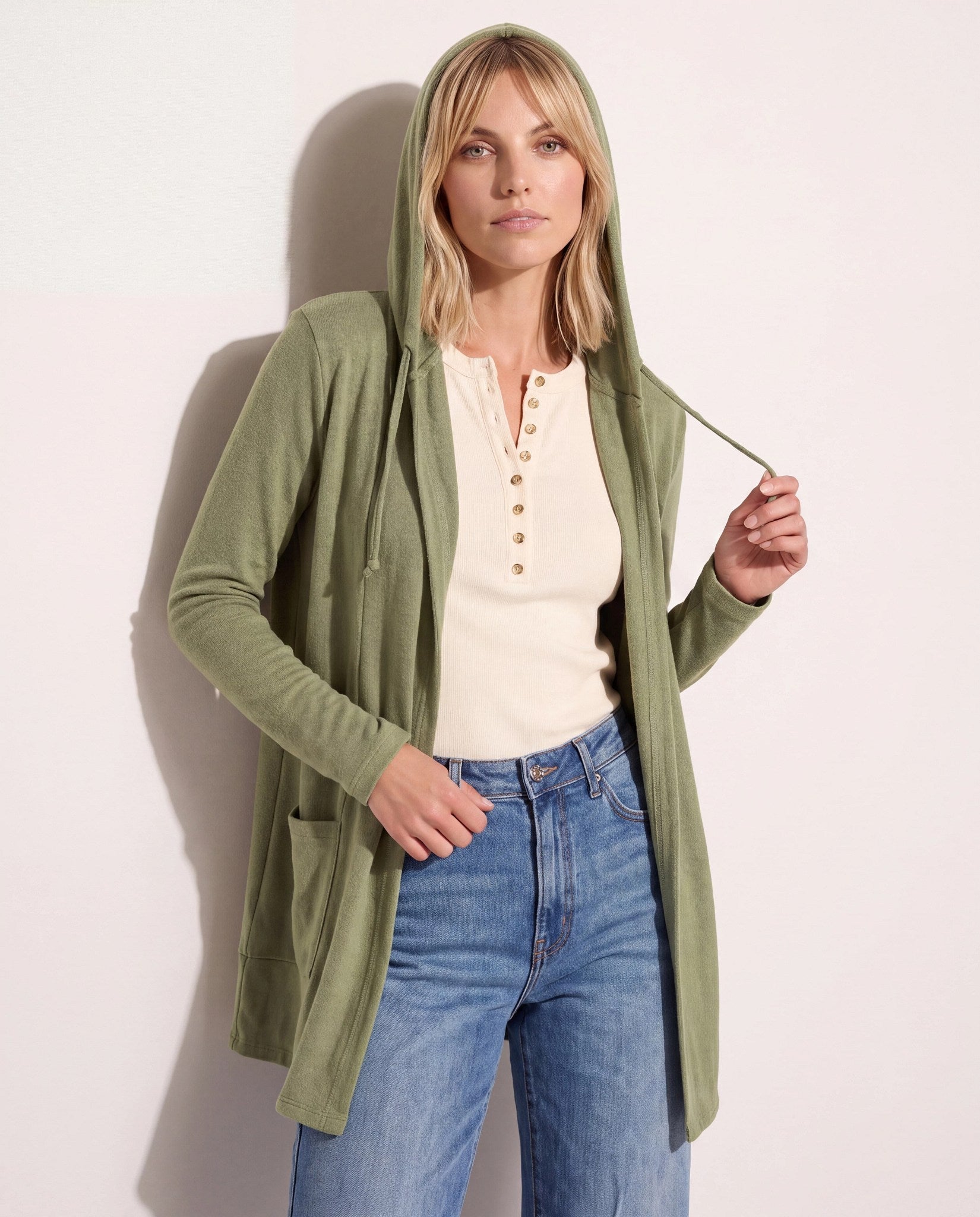 Heather Olive $|& SEAS Laguna Hooded Cardigan - SOF Back