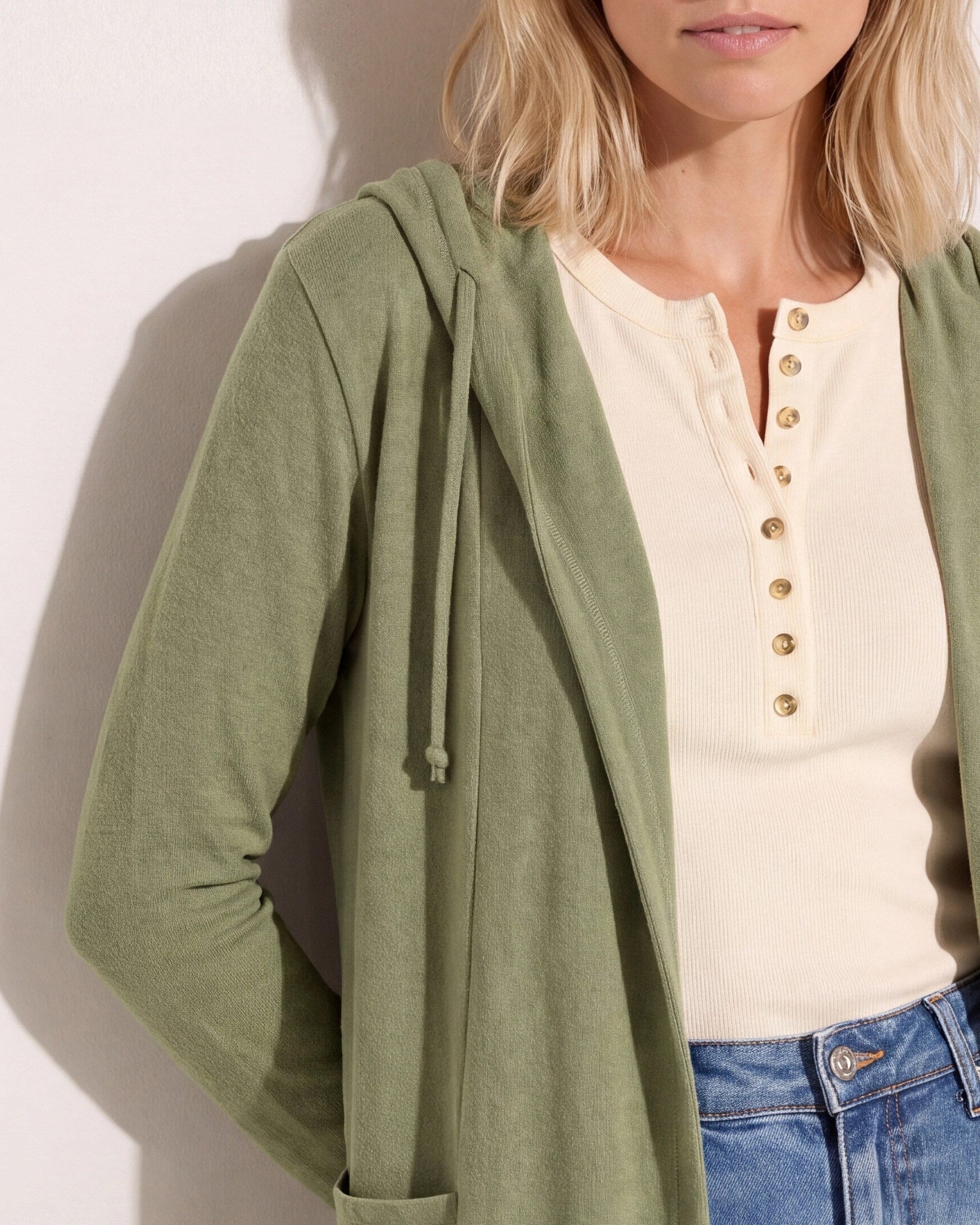 Heather Olive $|& SEAS Laguna Hooded Cardigan - SOF Back