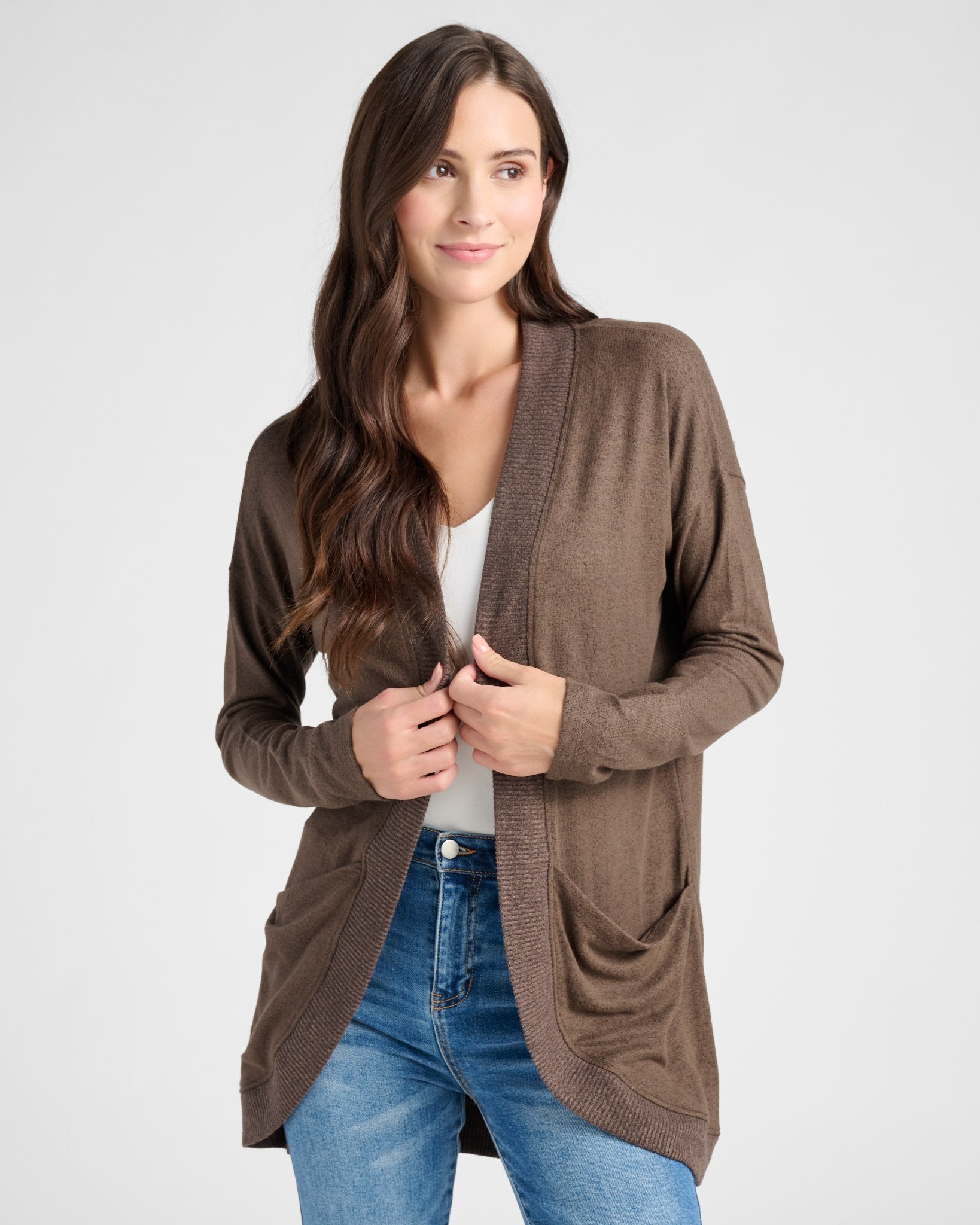 Heather Dark Chocolate $|& SEAS Cocoon Cardigan - SOF Front