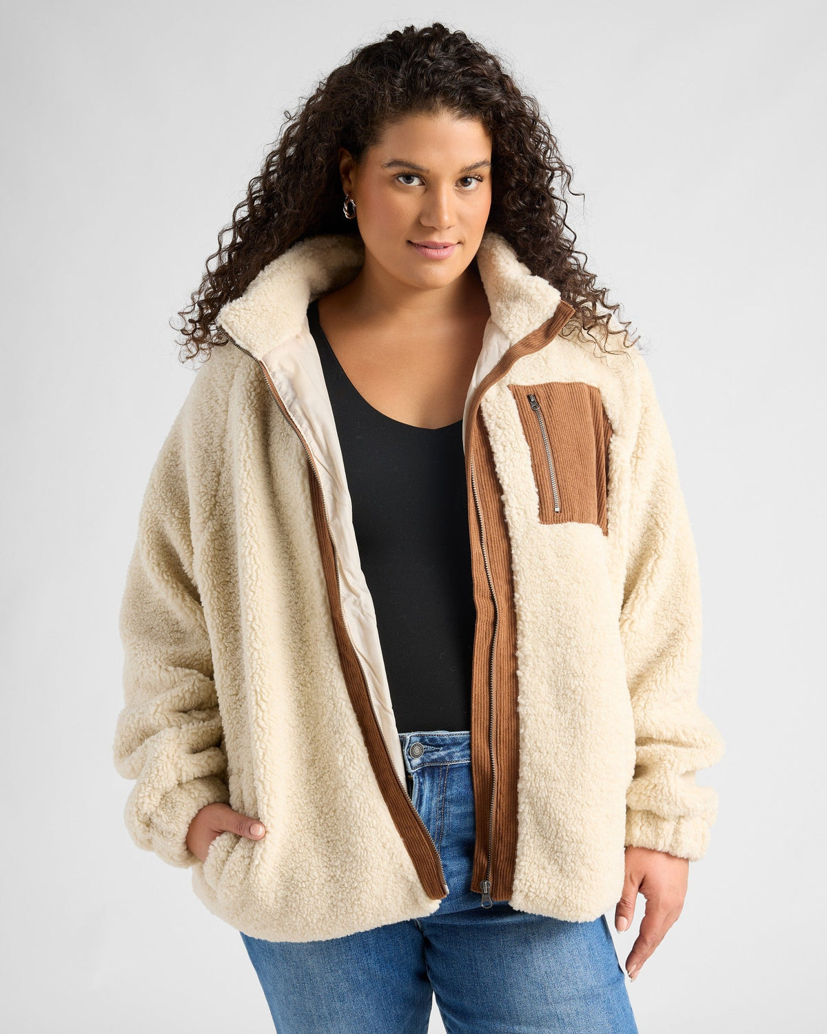 Cream/Brown $|& Herizon Sherpa Jacket withCorduroy Pocket - SOF Front