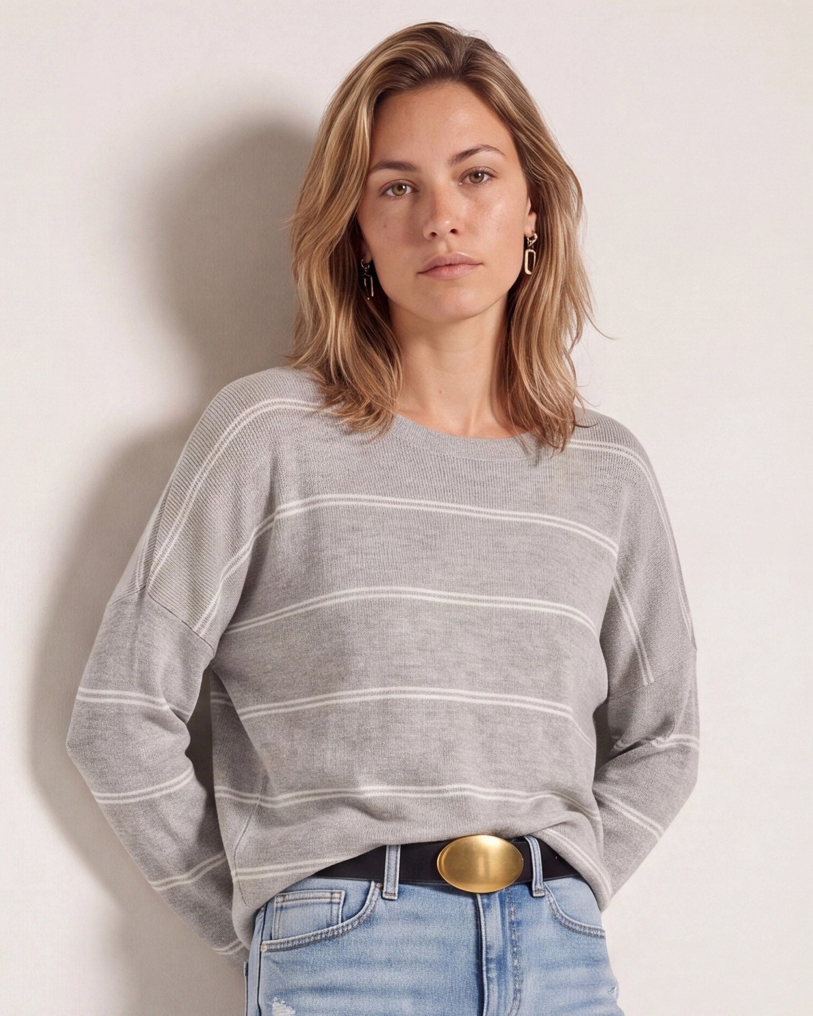 Heather Grey/White $|& SEAS Crew Neck Stripe Long Sleeve - SOF Front