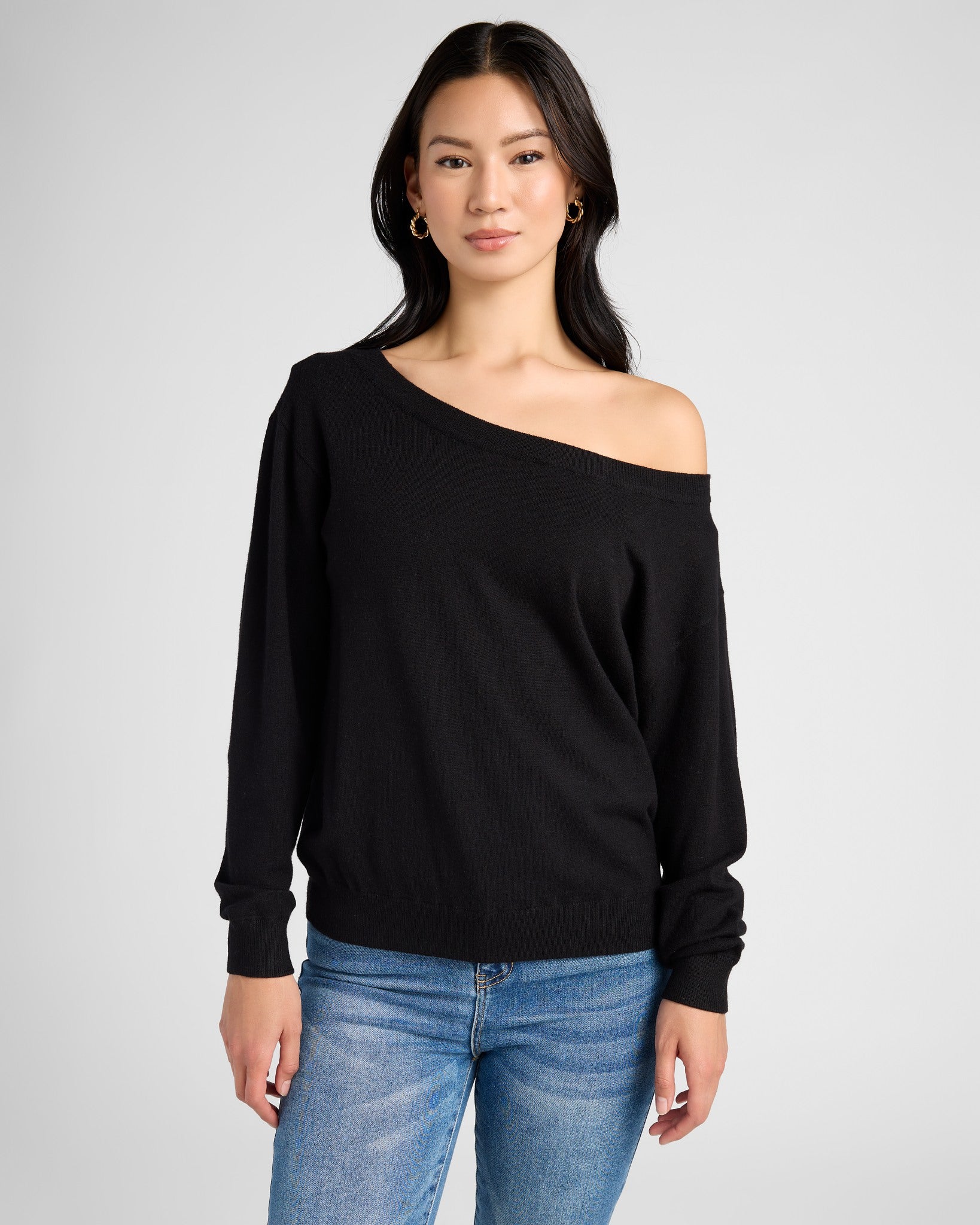 Black $|& SEAS Pacific One Shoulder Sweater - SOF Front