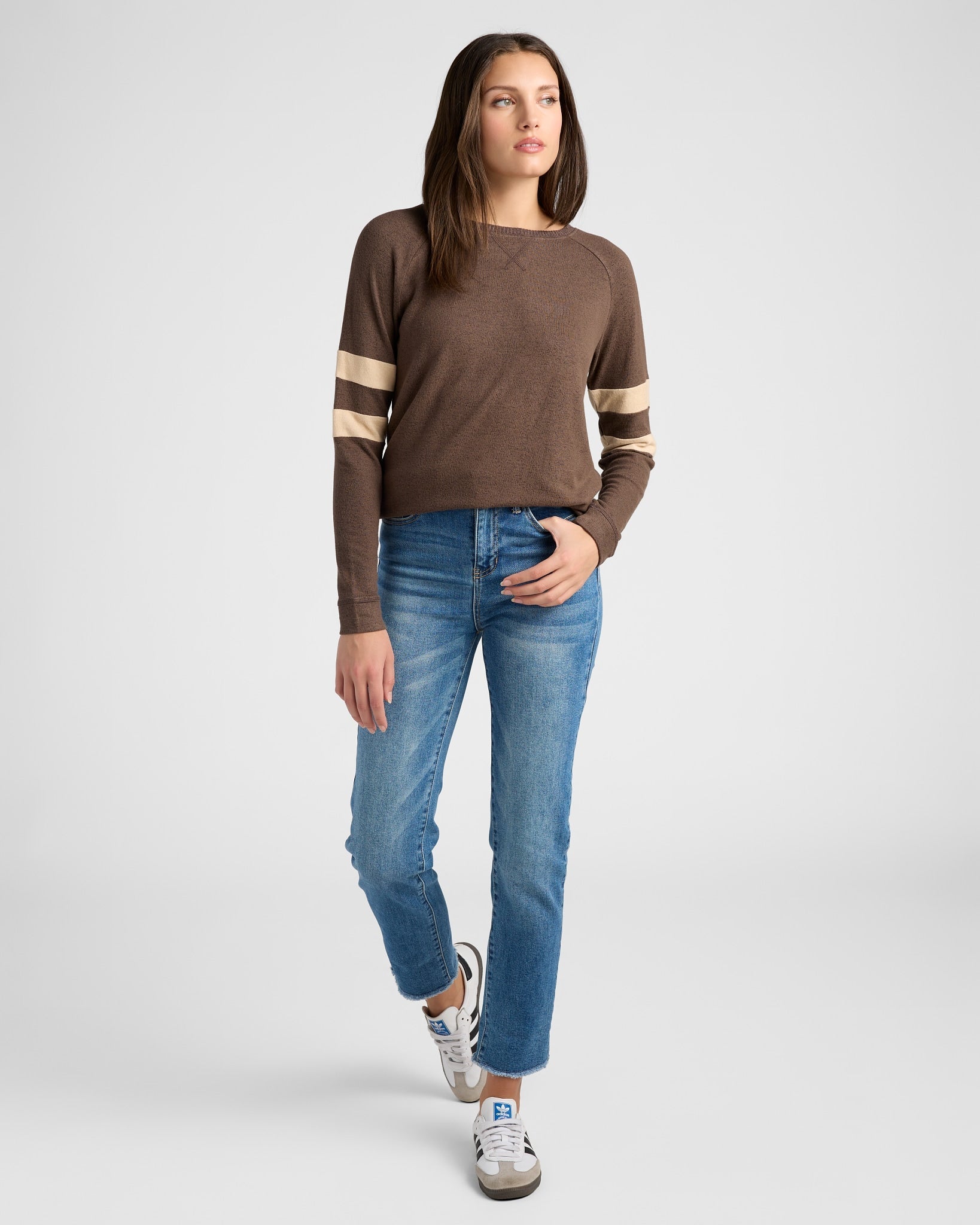 Heather Dark Chocolate/Heather Oatmeal $|& SEAS Shoreline Varsity Cozy Top - SOF Full Front