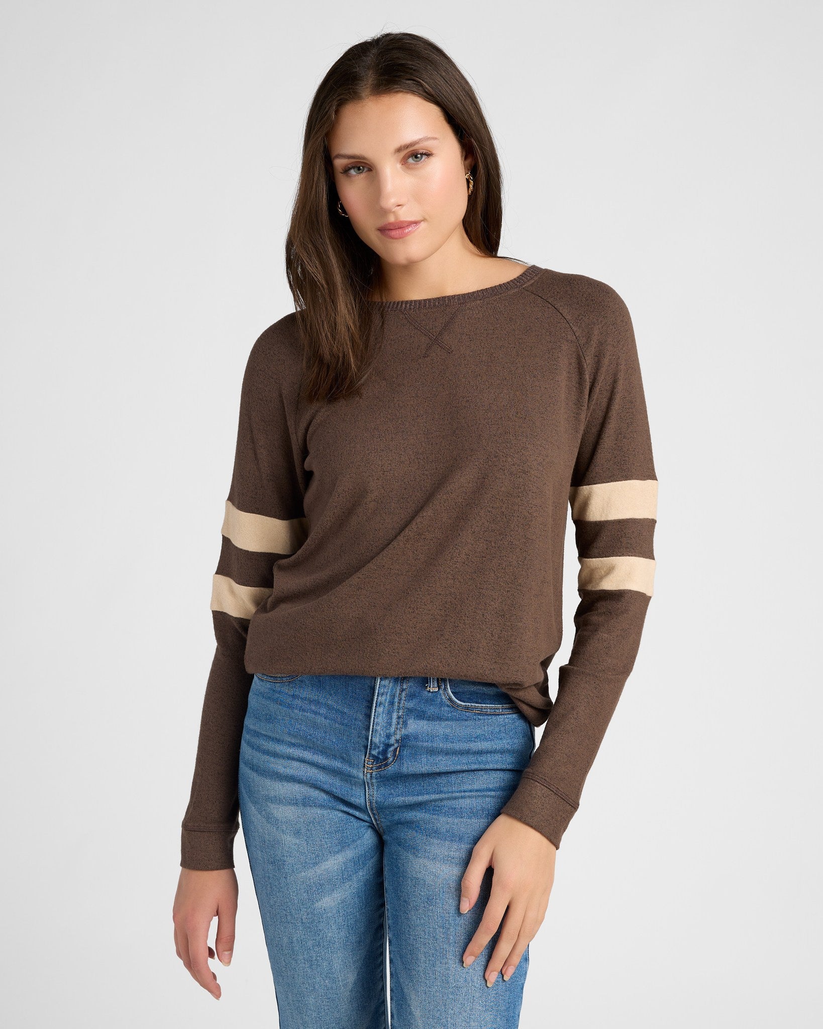 Heather Dark Chocolate/Heather Oatmeal $|& SEAS Shoreline Varsity Cozy Top - SOF Front