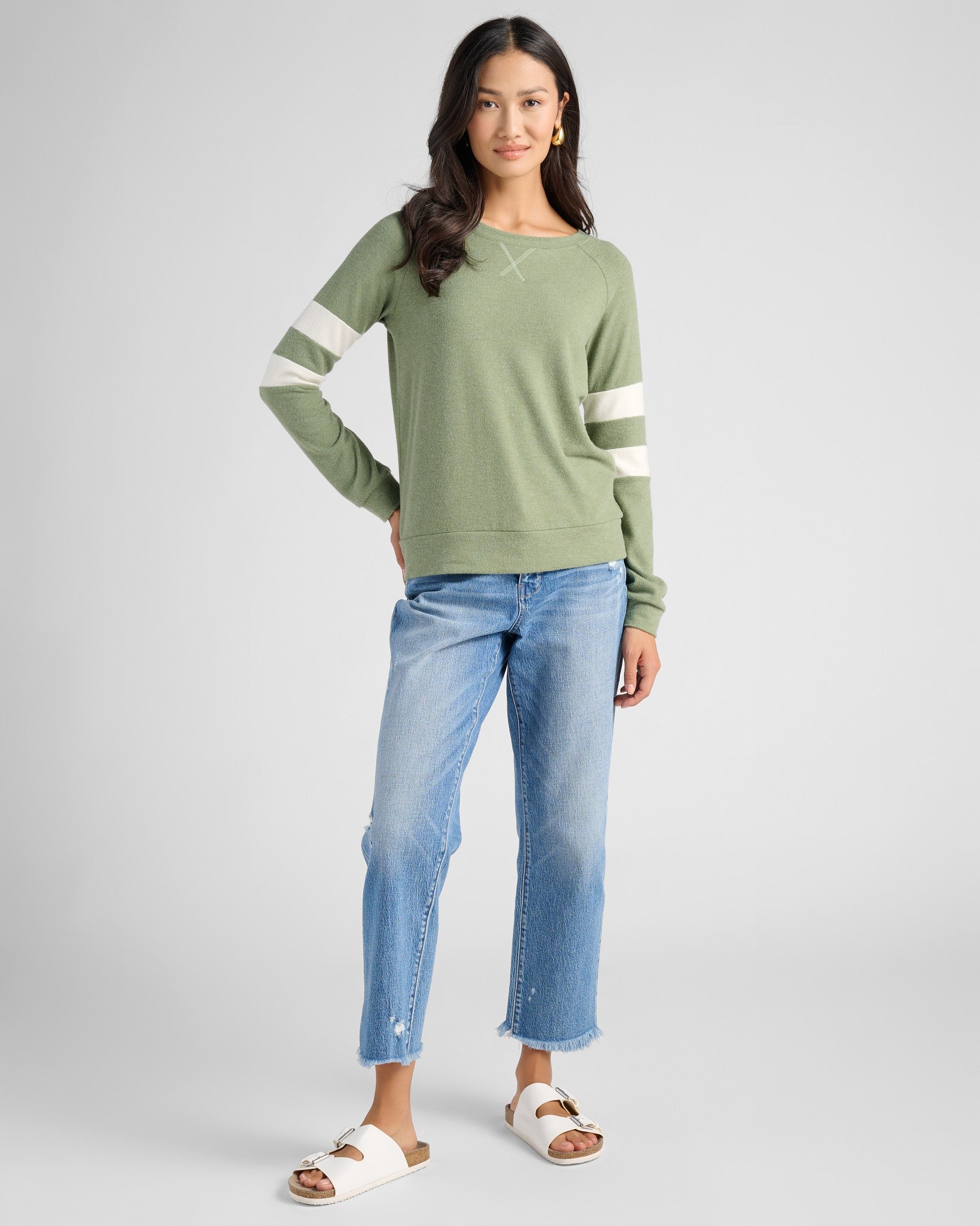 Heather Olive/Cream $|& SEAS Shoreline Varsity Cozy Top - SOF Full Front