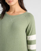 Heather Olive/Cream $|& SEAS Shoreline Varsity Cozy Top - SOF Detail