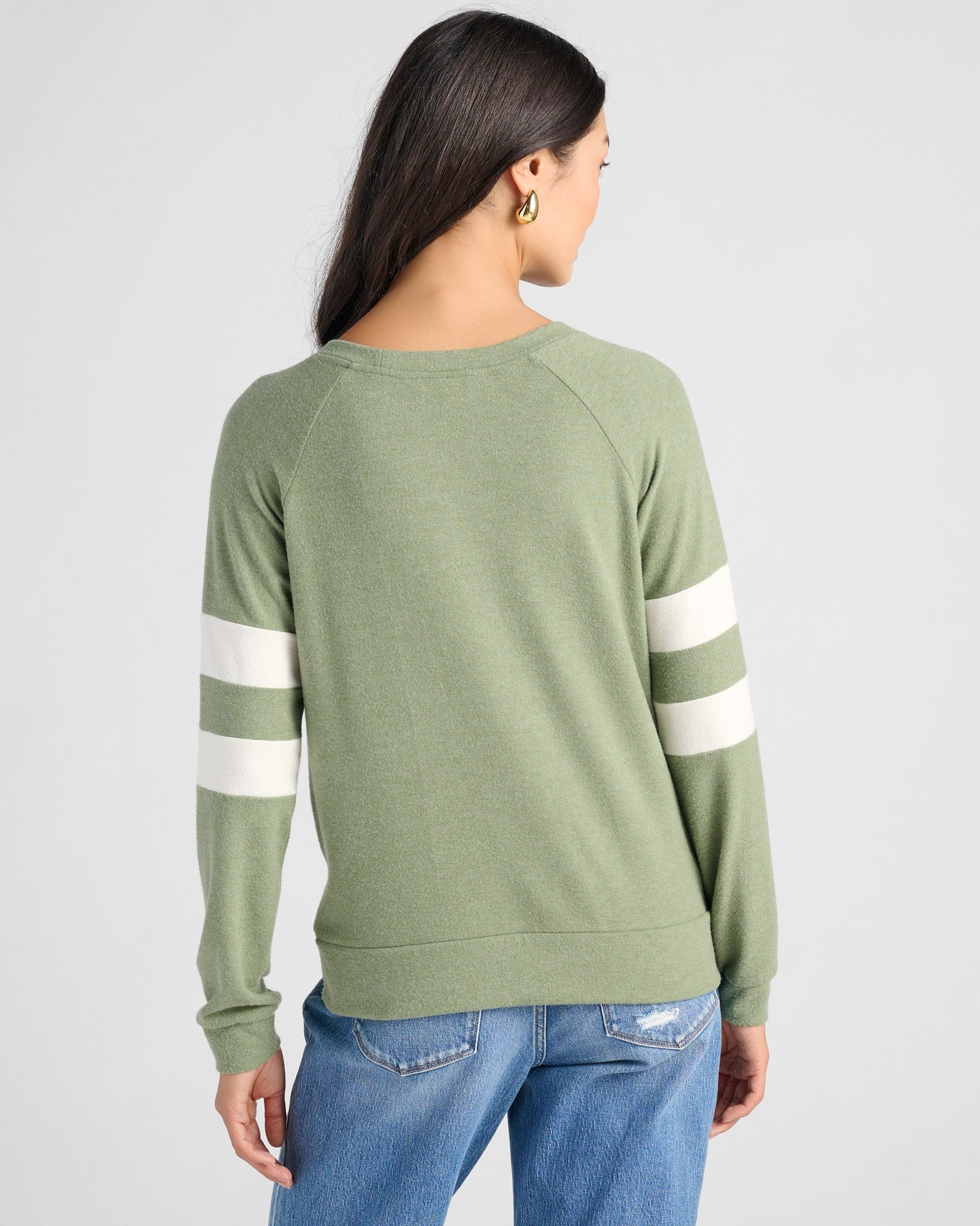 Heather Olive/Cream $|& SEAS Shoreline Varsity Cozy Top - SOF Back