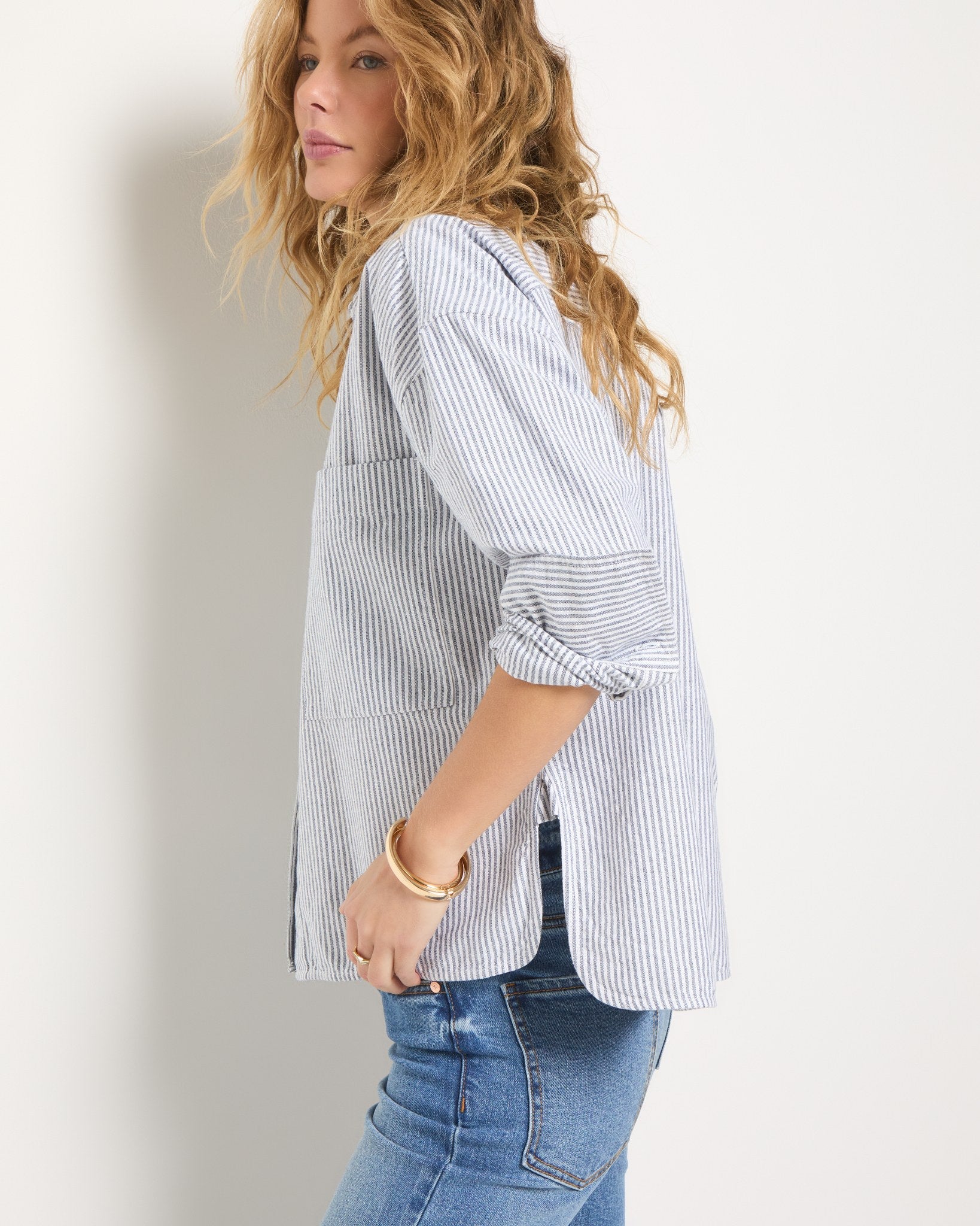 Mariner Midnight Stripe $|& SEAS Jetty Button Up Shirt - SOF Full Front