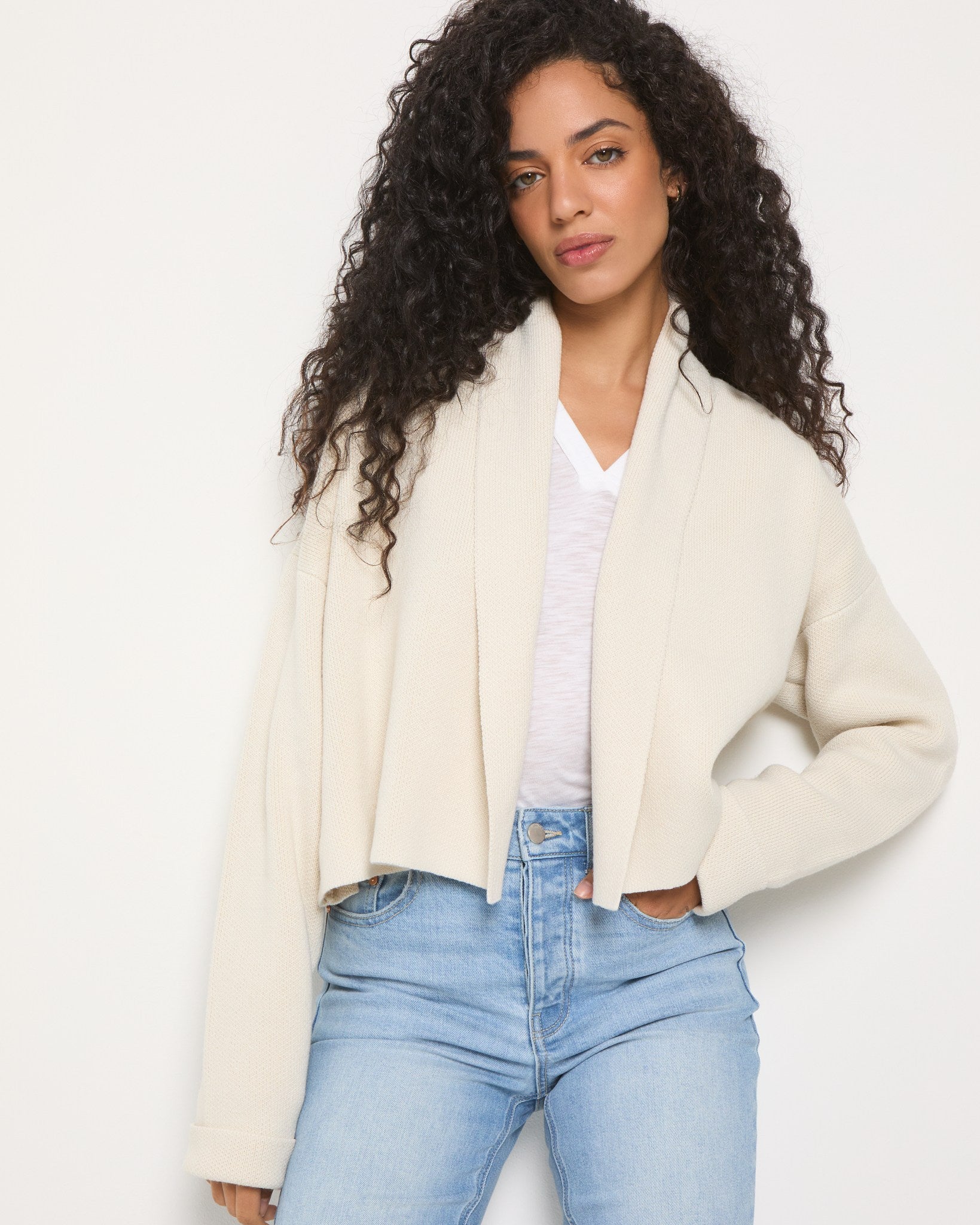Cream $|& SEAS Stellar Cropped Drape Front Cardigan - VOF Front