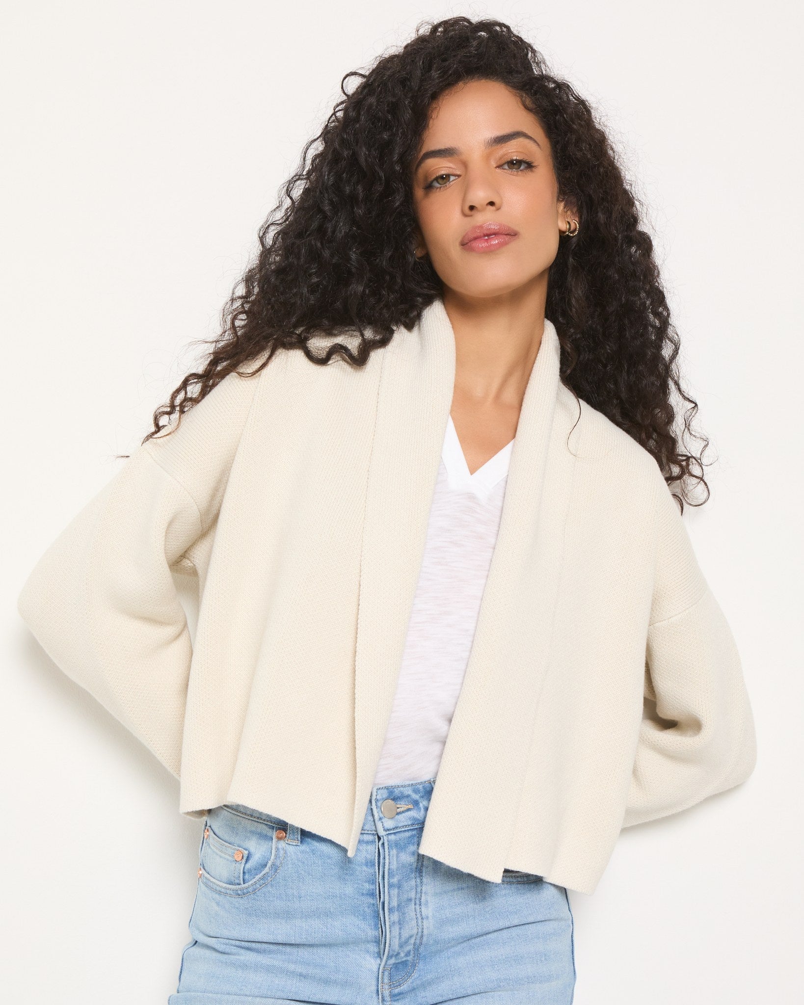 Cream $|& SEAS Stellar Cropped Drape Front Cardigan - SOF Front