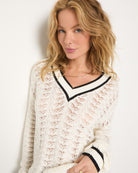 White $|& SEAS Sandyshores Pointelle V-Neck Sweater - SOF Full Front