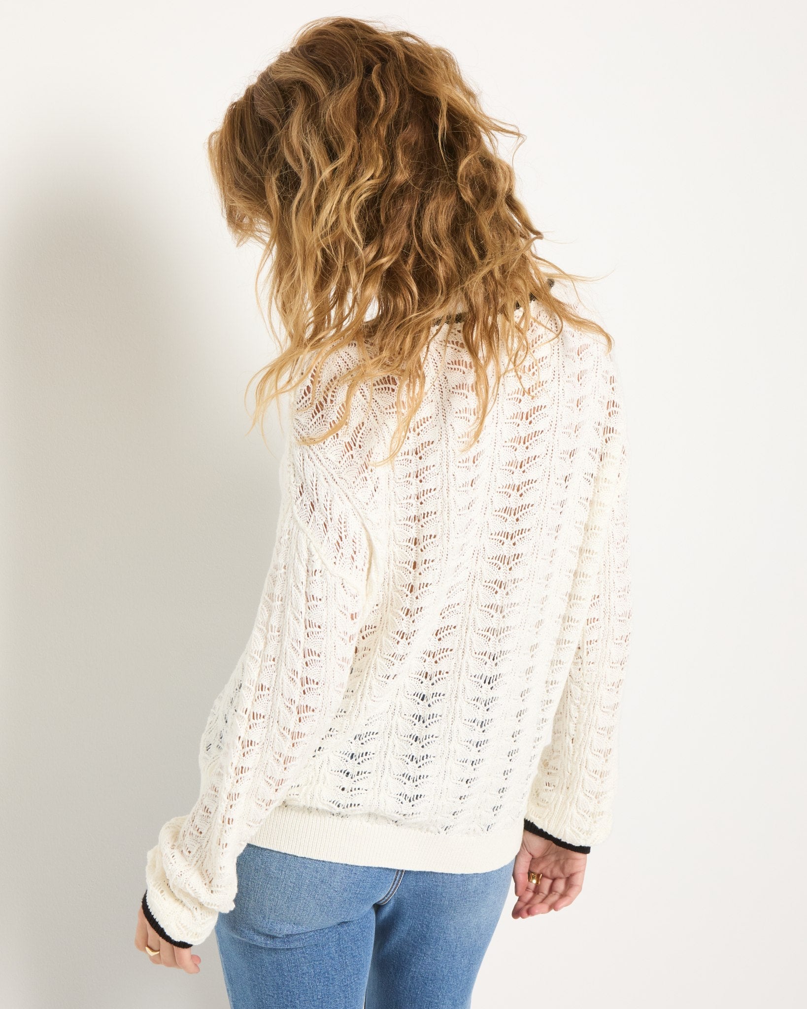 White $|& SEAS Sandyshores Pointelle V-Neck Sweater - SOF Back