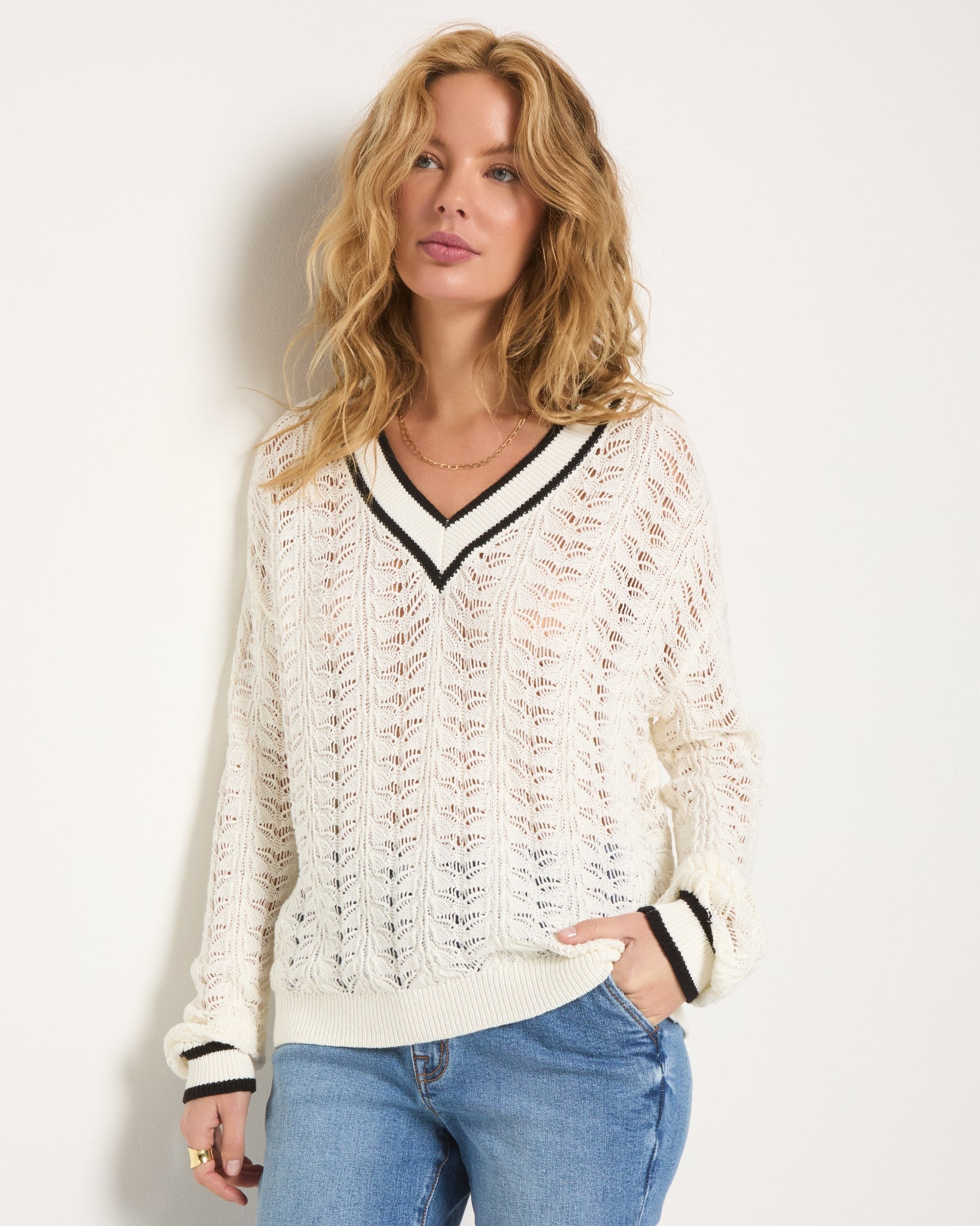White $|& SEAS Sandyshores Pointelle V-Neck Sweater - SOF Front