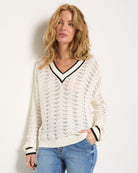 White $|& SEAS Sandyshores Pointelle V-Neck Sweater - SOF Front