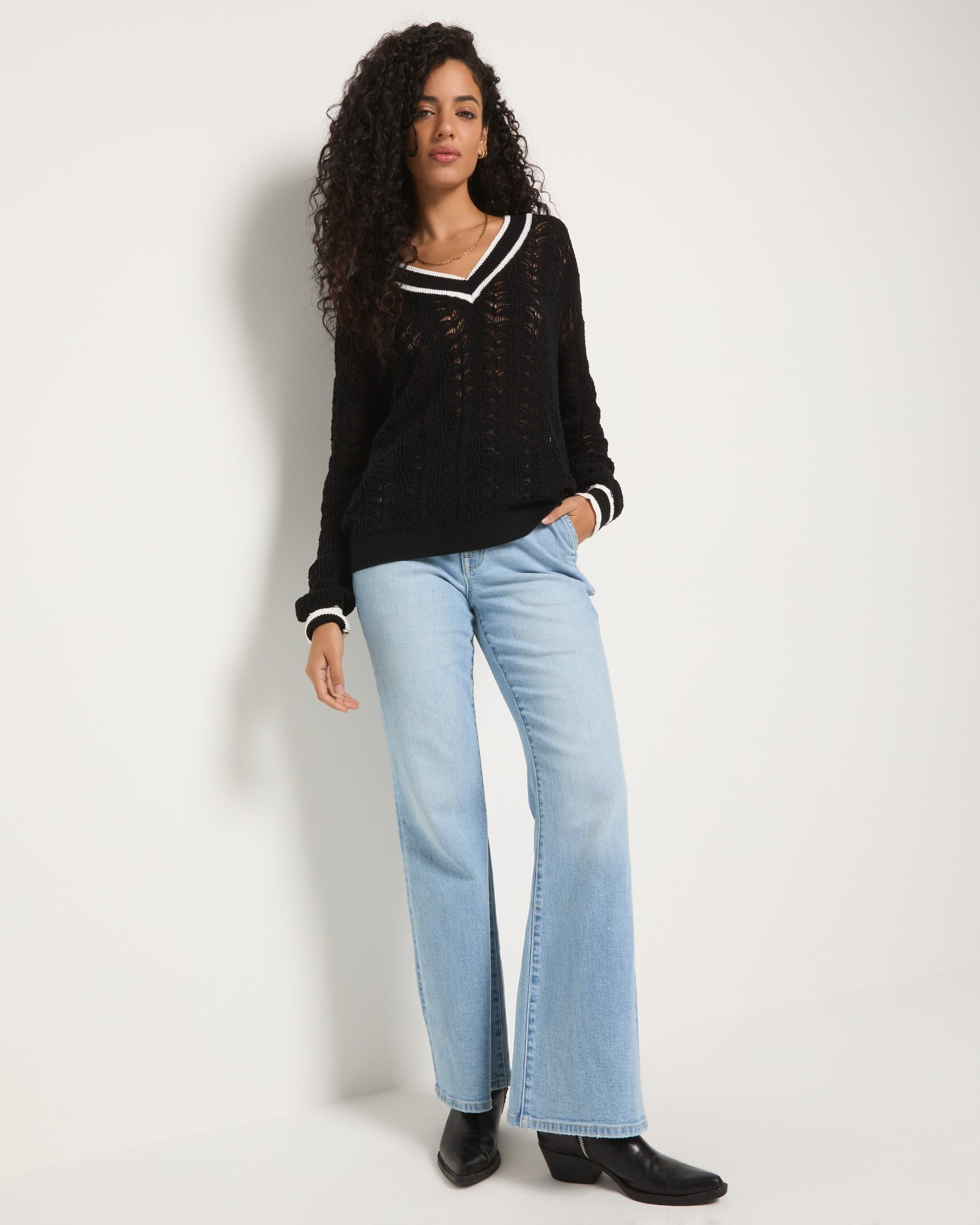 Black $|& SEAS Sandyshores Pointelle V-Neck Sweater - UGC On Fig