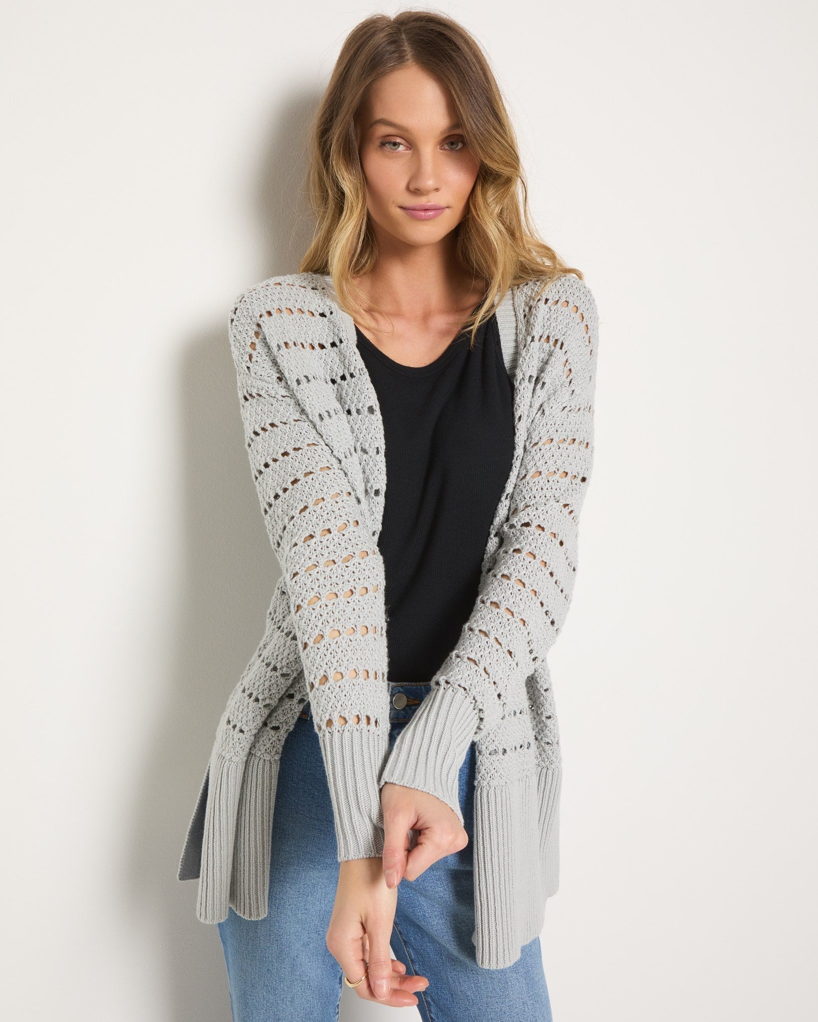 Blue Ash $|& SEAS Oasis Crochet Cardigan - SOF Full Front