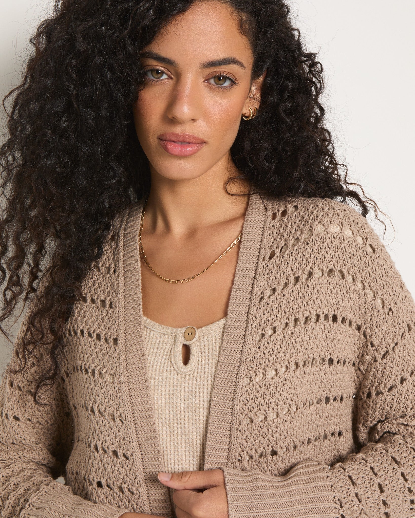 Dark Birch $|& SEAS Oasis Crochet Cardigan - SOF Full Front