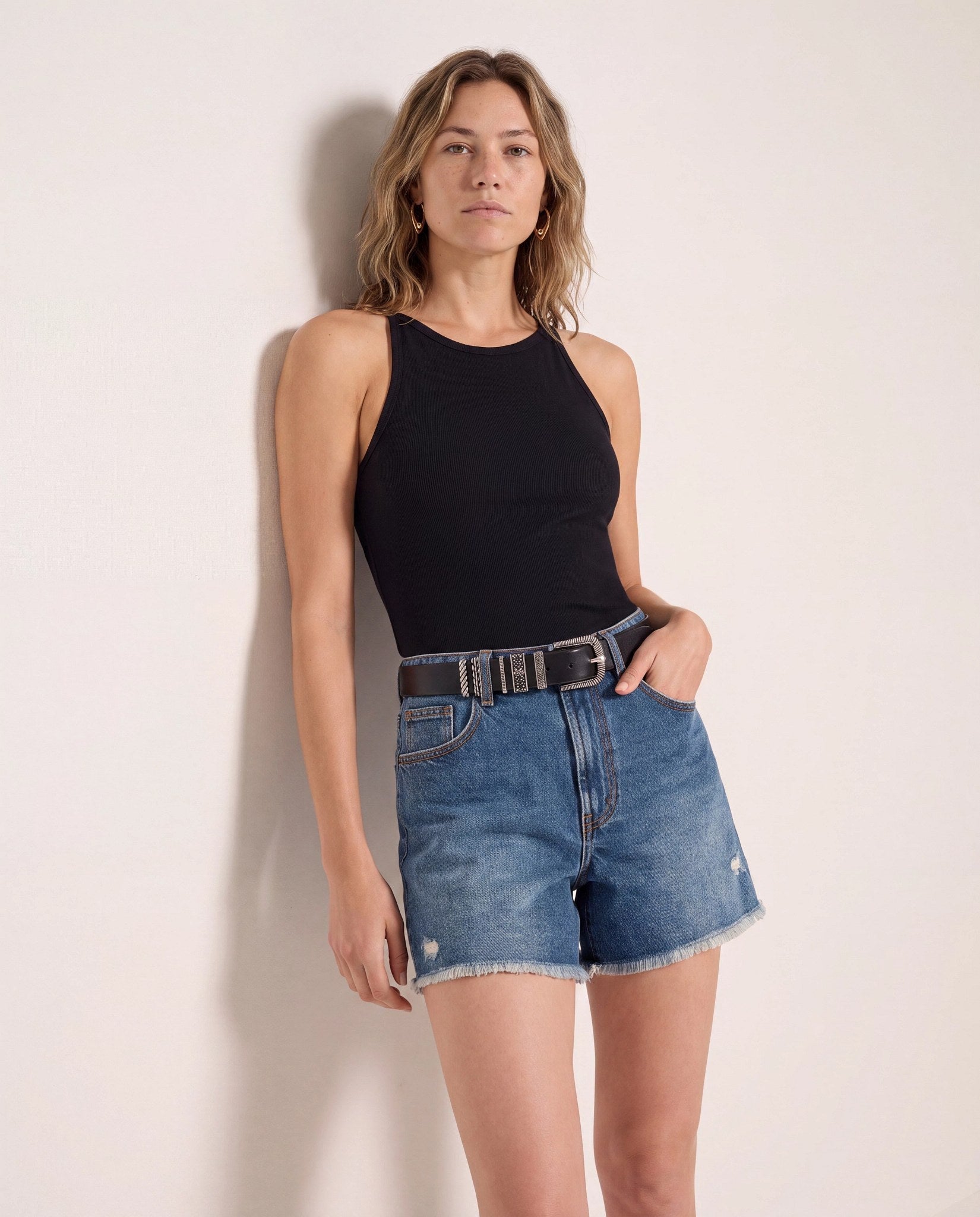 Black $|& SEAS Laurel Ribbed Shelf Bra Tank - SOF Front