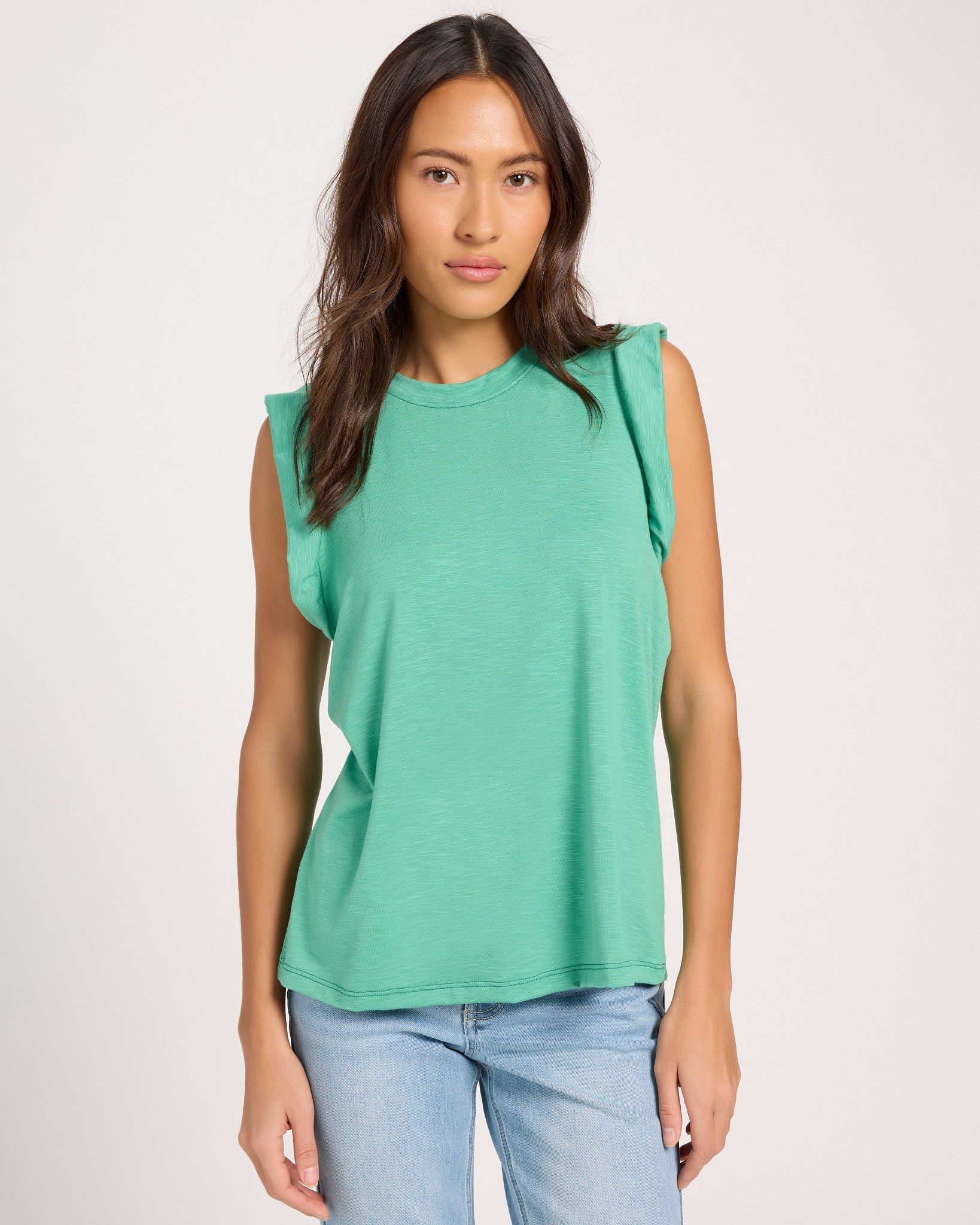 Green Apple $|& SEAS Ruffle Shoulder Tank - SOF Front