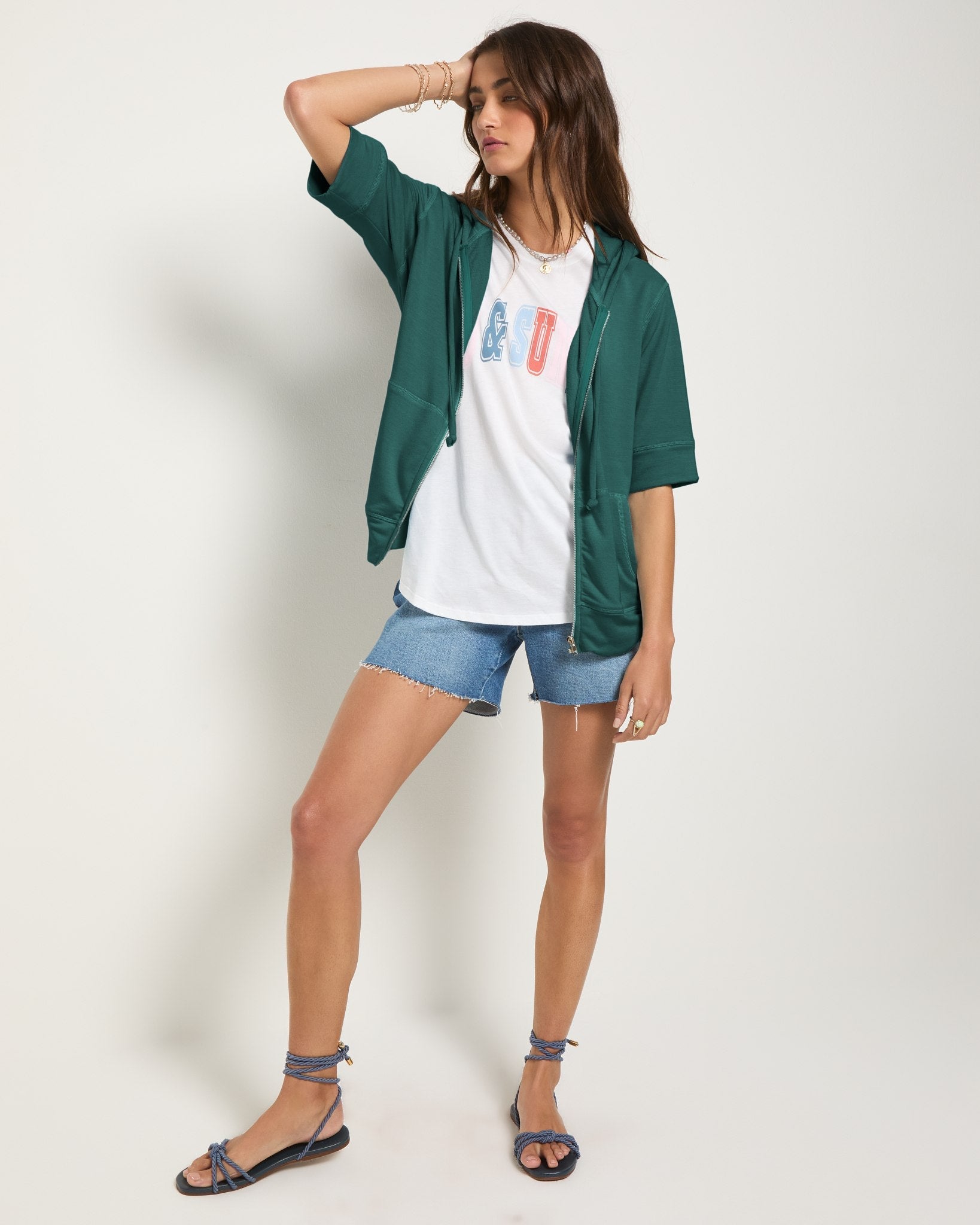 Deep Teal $|& SEAS Short Sleeve Fleece Zip Up - UGC On Fig